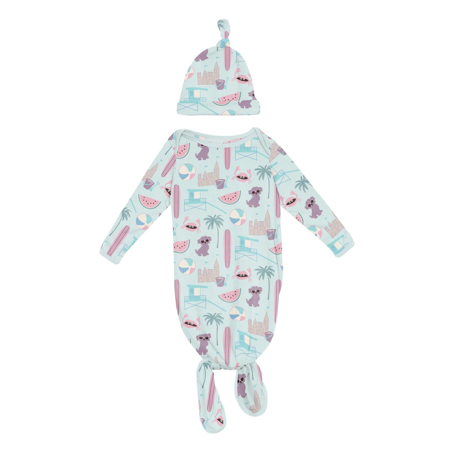 Print Knotted Layette Gown & Hat Set in Fresh Air Beach Day (326705)