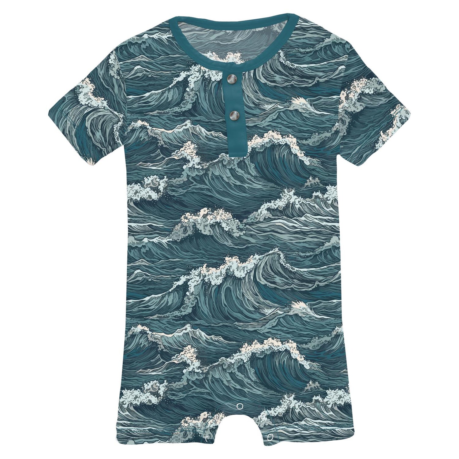 Print Short Sleeve Henley Romper in Oceanic (326722)