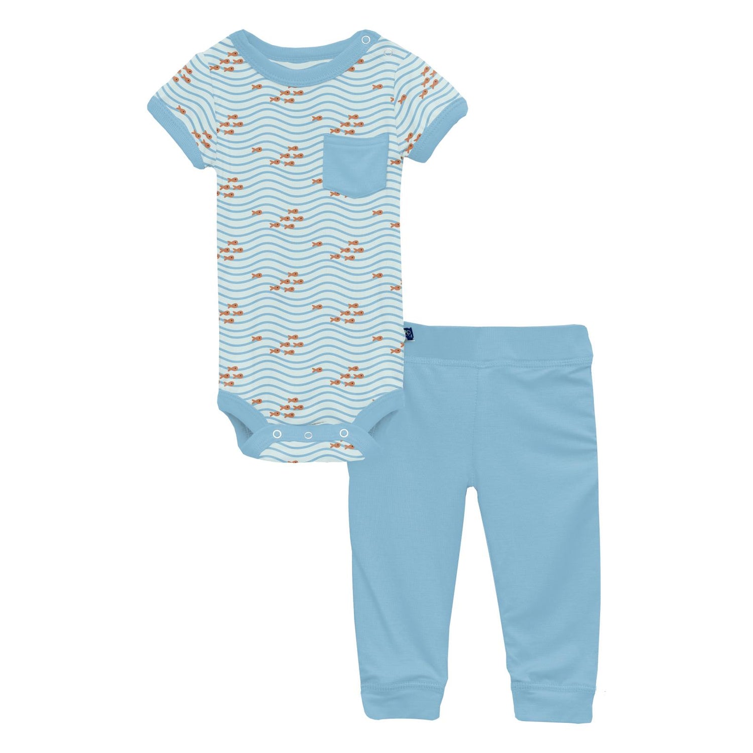 Print Short Sleeve Pocket One Piece & Pants Outfit Set in Fresh Air Little Fishy (327218)