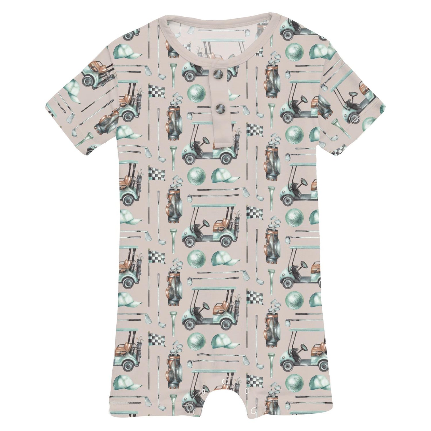 Print Short Sleeve Henley Romper in Latte Golf (327438)