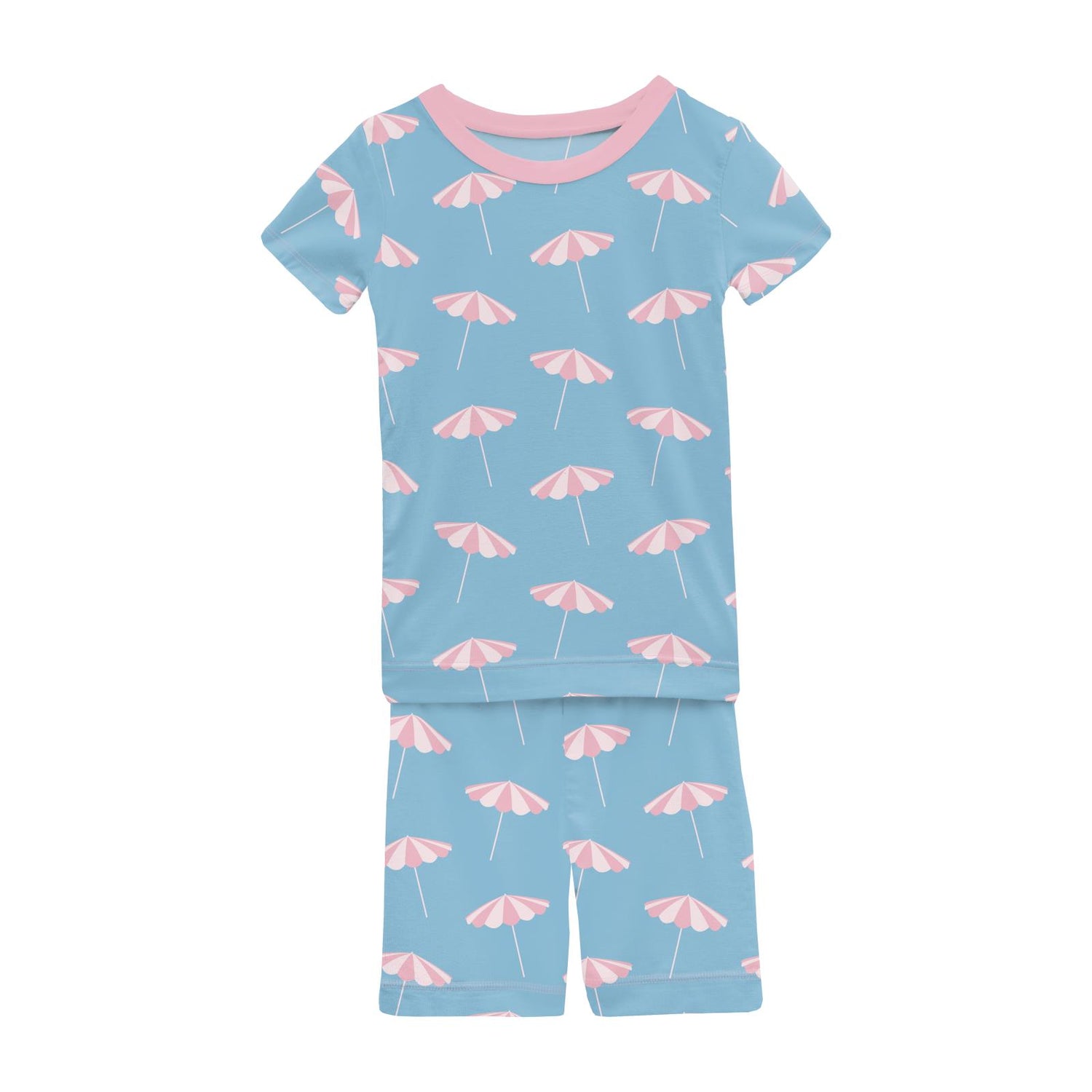 Print Short Sleeve Pajama Set with Shorts in Seaside Blue Beach Umbrellas (327943)