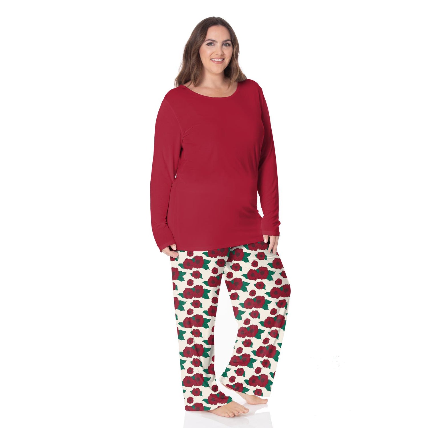 Women's Print Long Sleeve Relaxed Tee & Pajama Pants Set in Holiday Poppies