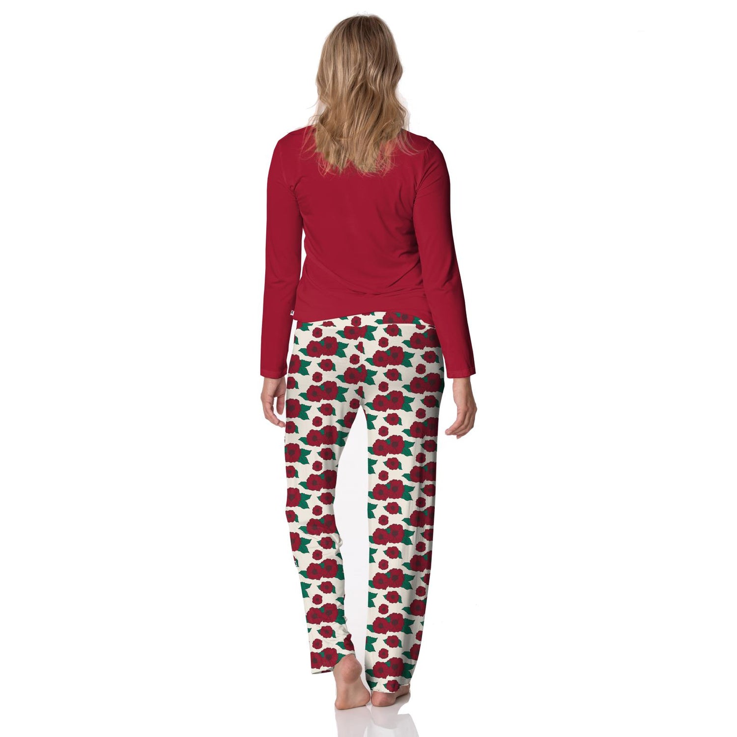 Women's Print Long Sleeve Relaxed Tee & Pajama Pants Set in Holiday Poppies
