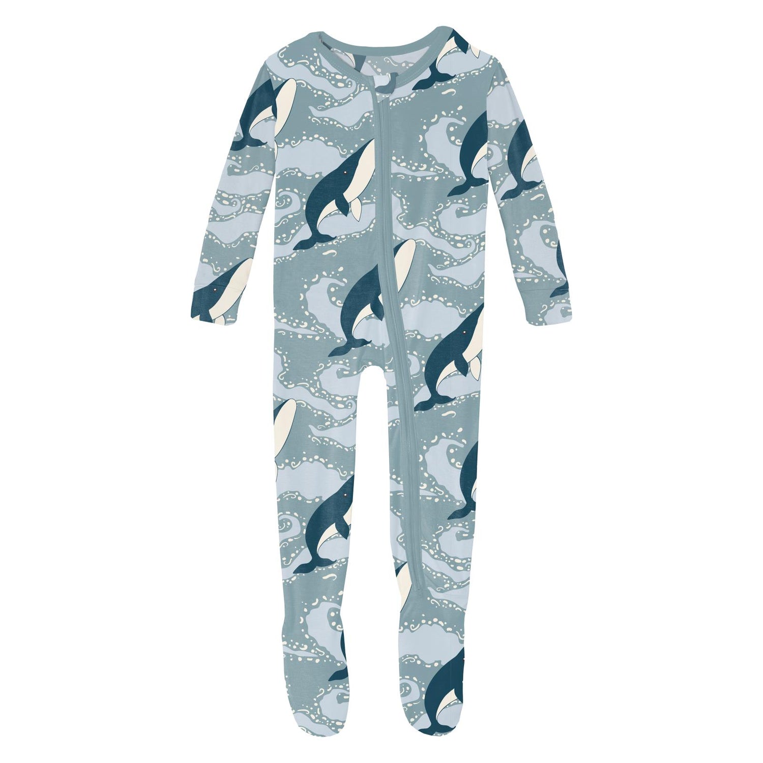 Print Footie with 2 Way Zipper in Stormy Sea Splashing Whales