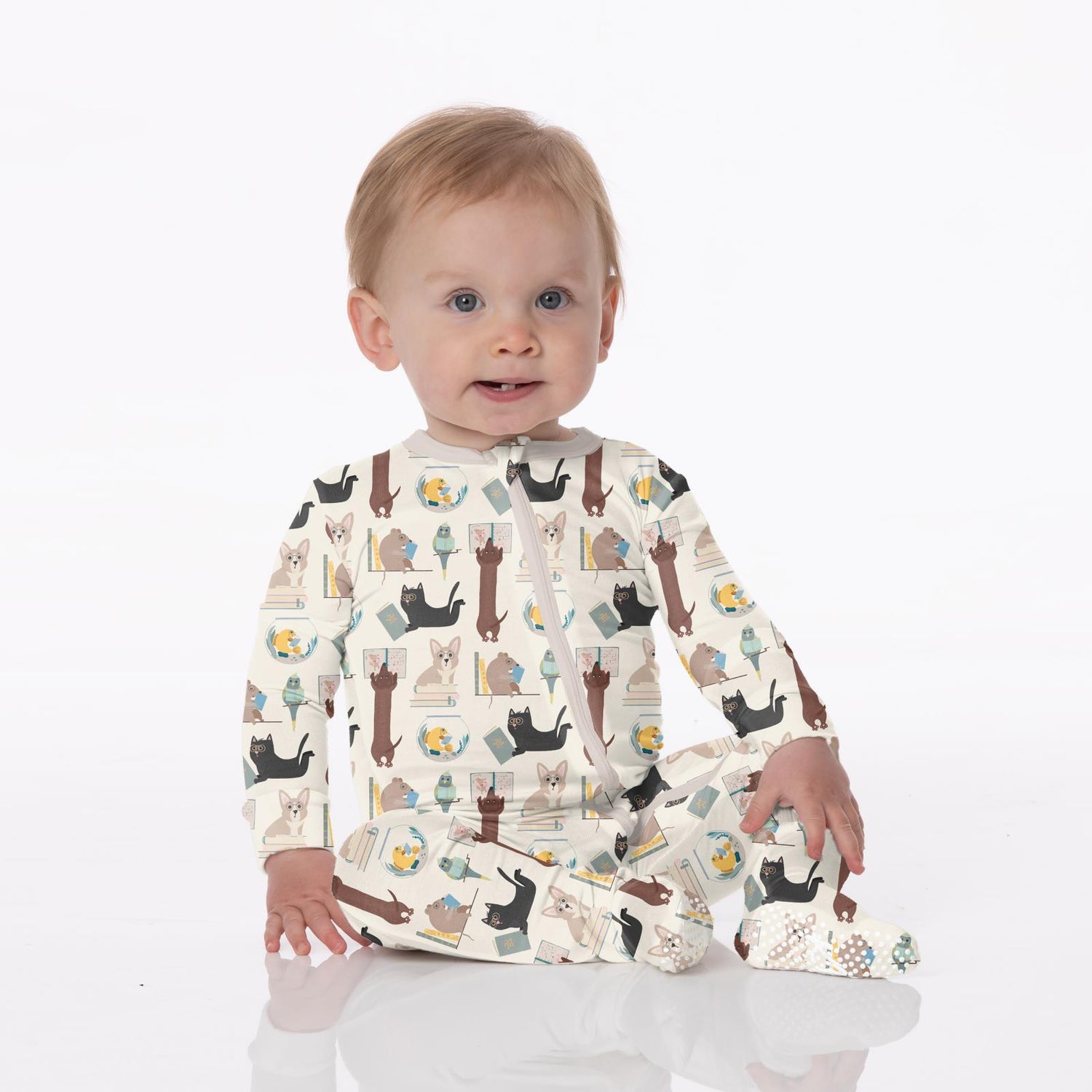 Print Footie with 2 Way Zipper in Natural Books & Pets