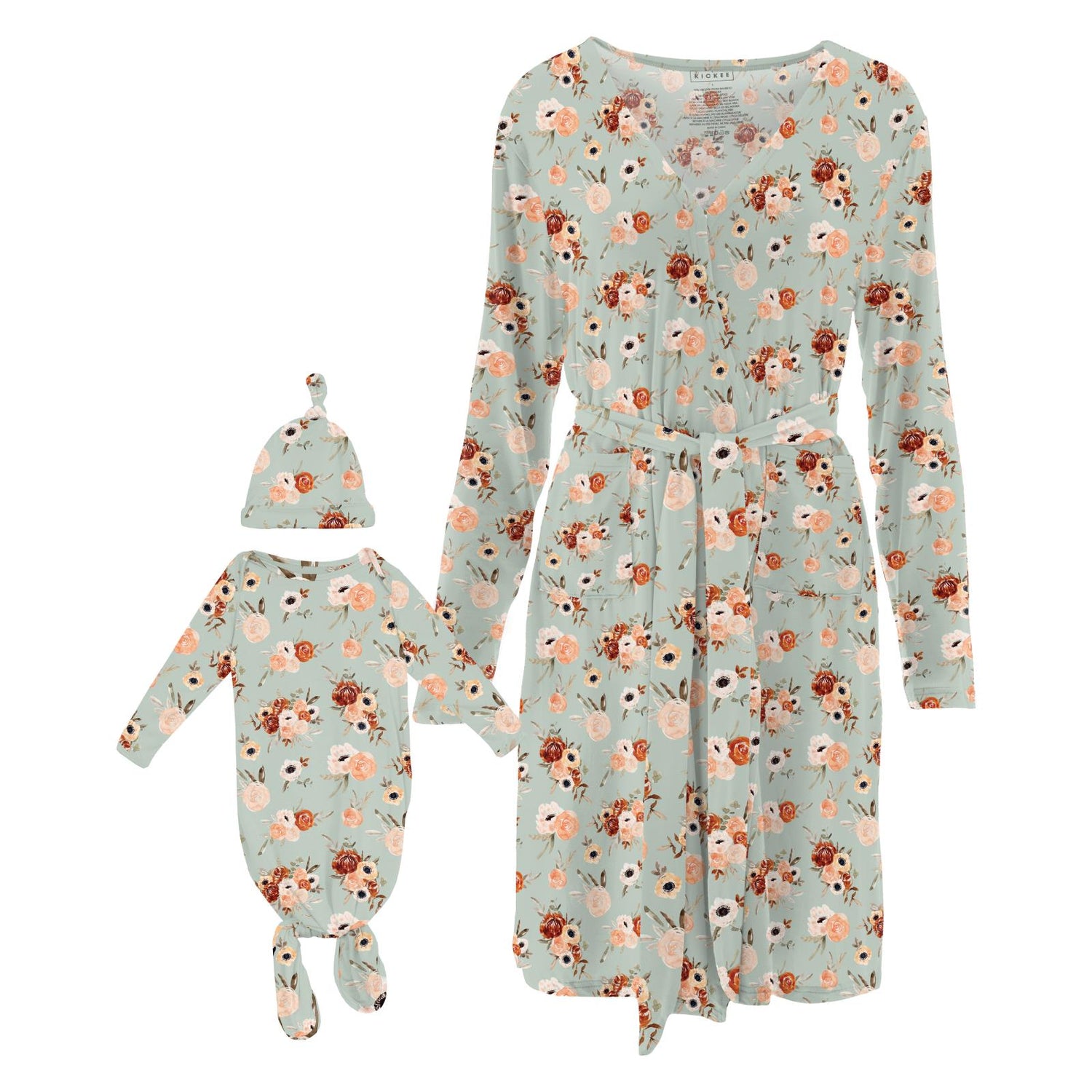 Women's Print Mid-Length Lounge Robe & Knotted Layette Gown Set in Aloe Fall Floral (334221)