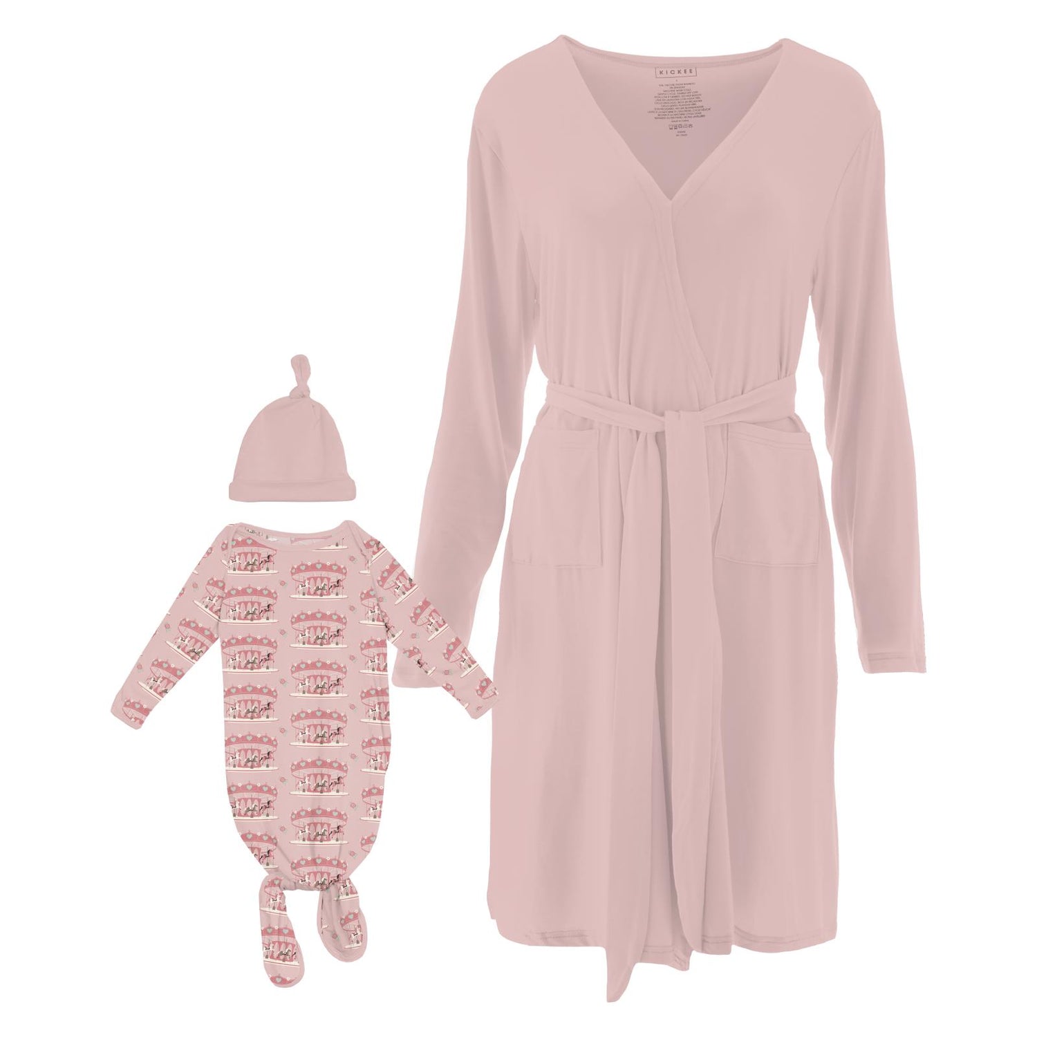 Women's Print Mid-Length Lounge Robe & Knotted Layette Gown Set in Baby Rose Fair Carousel (334318)