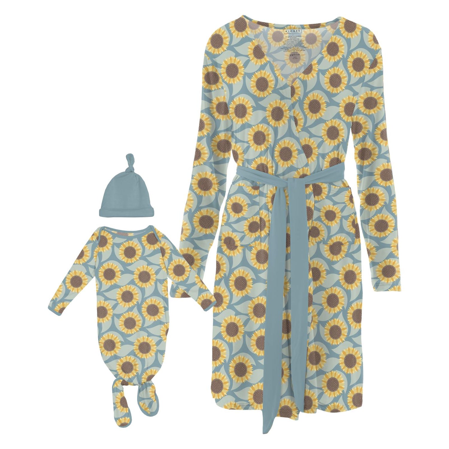 Women's Print Mid-Length Lounge Robe & Knotted Layette Gown Set in Stormy Sea Sunflower (334426)
