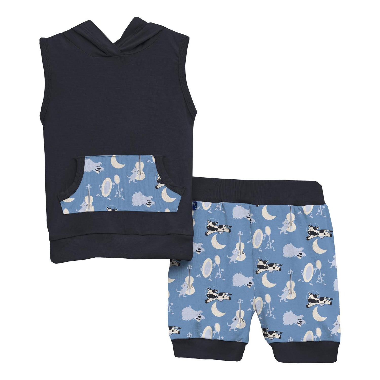 Print Short Sleeve Hoodie Tank Outfit Set in Dream Blue Hey Diddle Diddle (267709)