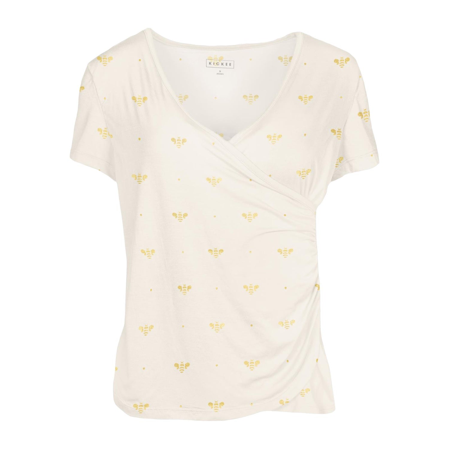 Women's Print Short Sleeve Surplice Tee in Gold Bees (317977)