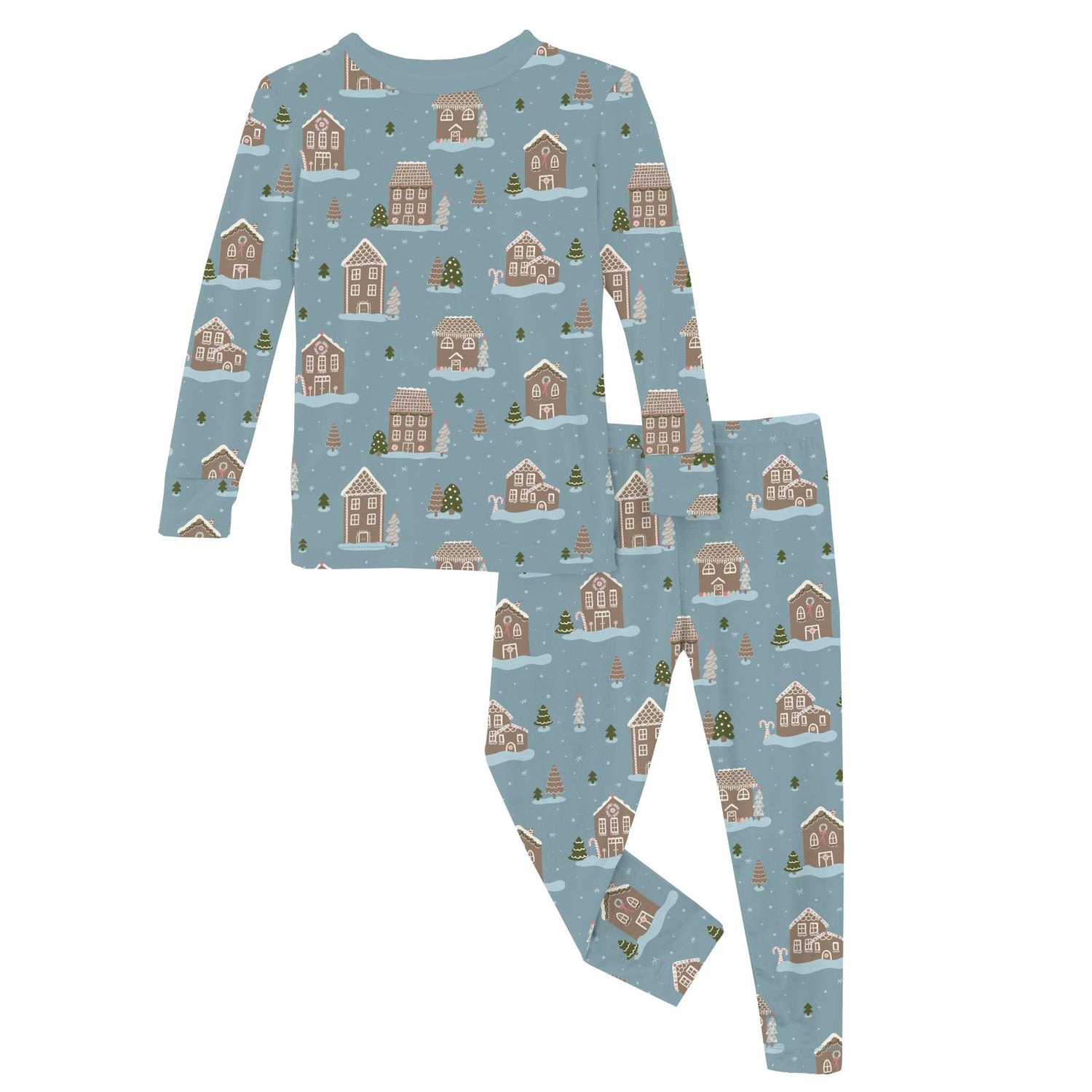 Print Long Sleeve Pajama Set in Stormy Sea Gingerbread Town (370919)