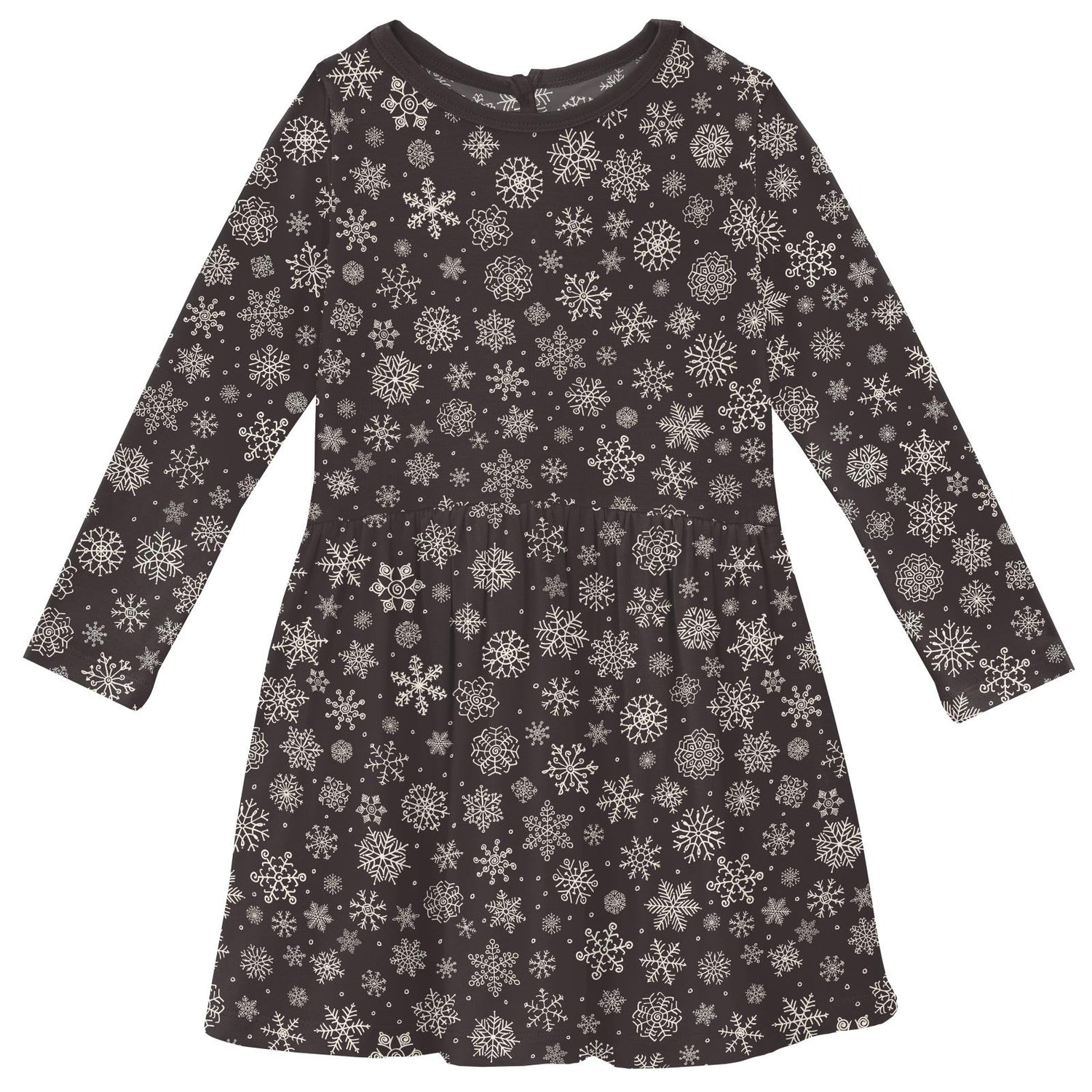 Print Long Sleeve Twirl Dress with Pockets in Chalkboard Snowflakes (370913)
