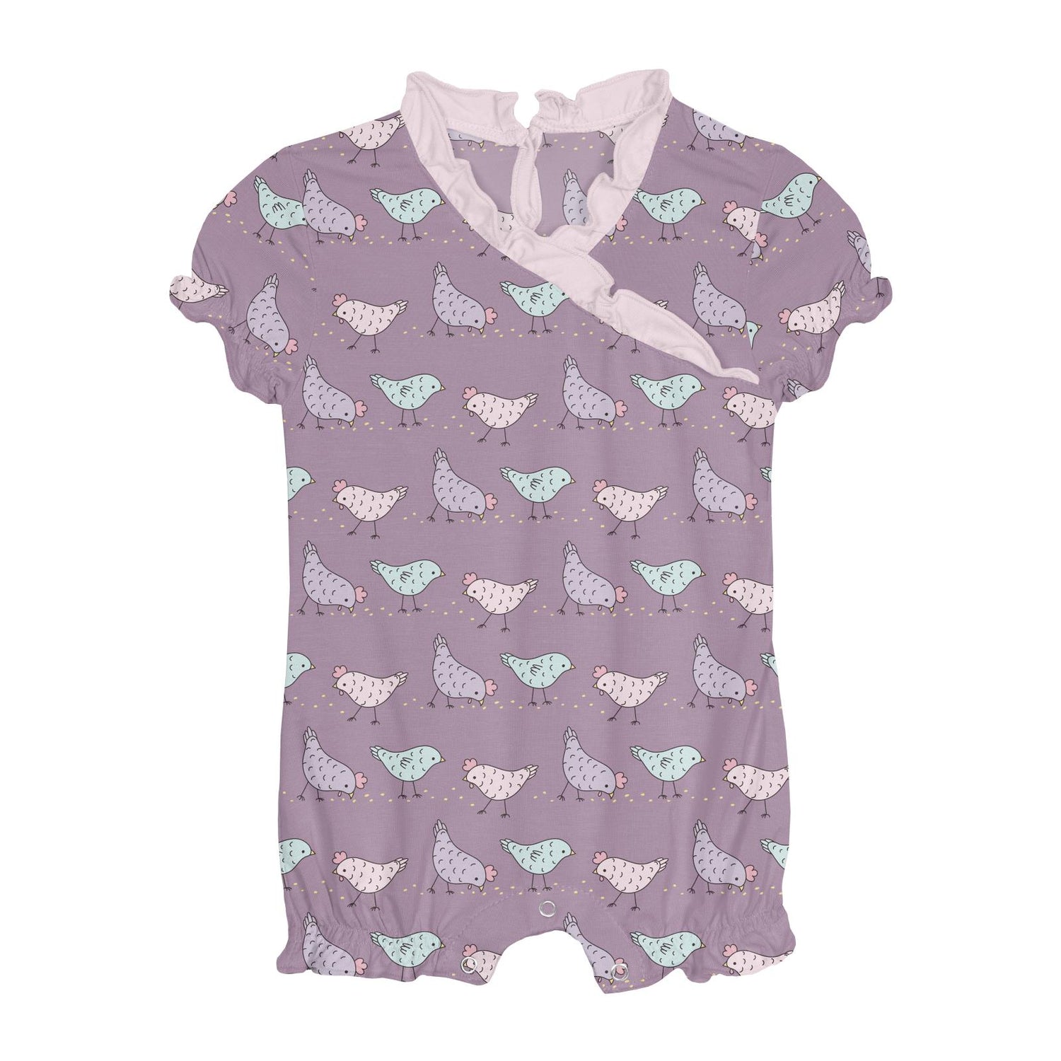 Print Ruffle Romper in Lavender Chickens (312130)