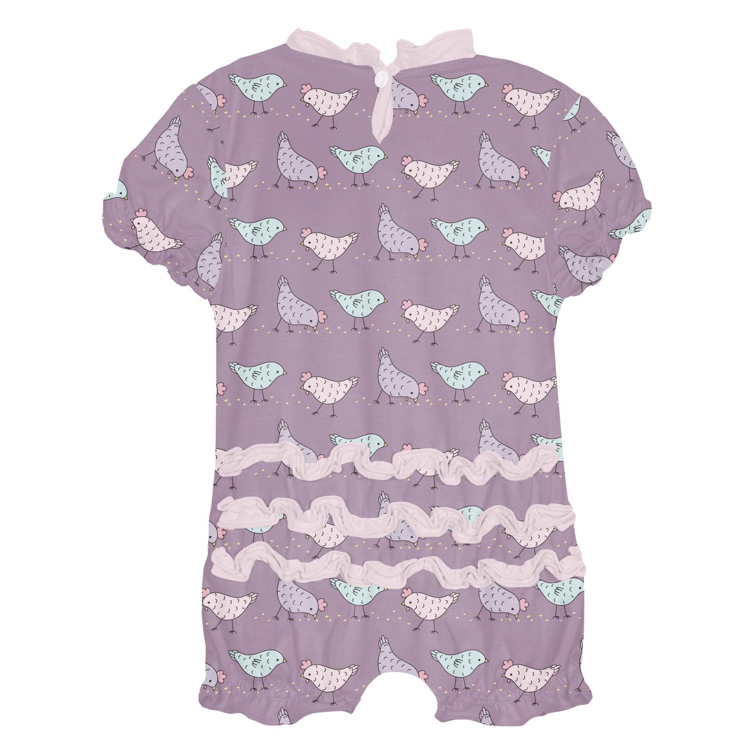 Print Ruffle Romper in Lavender Chickens (312247)