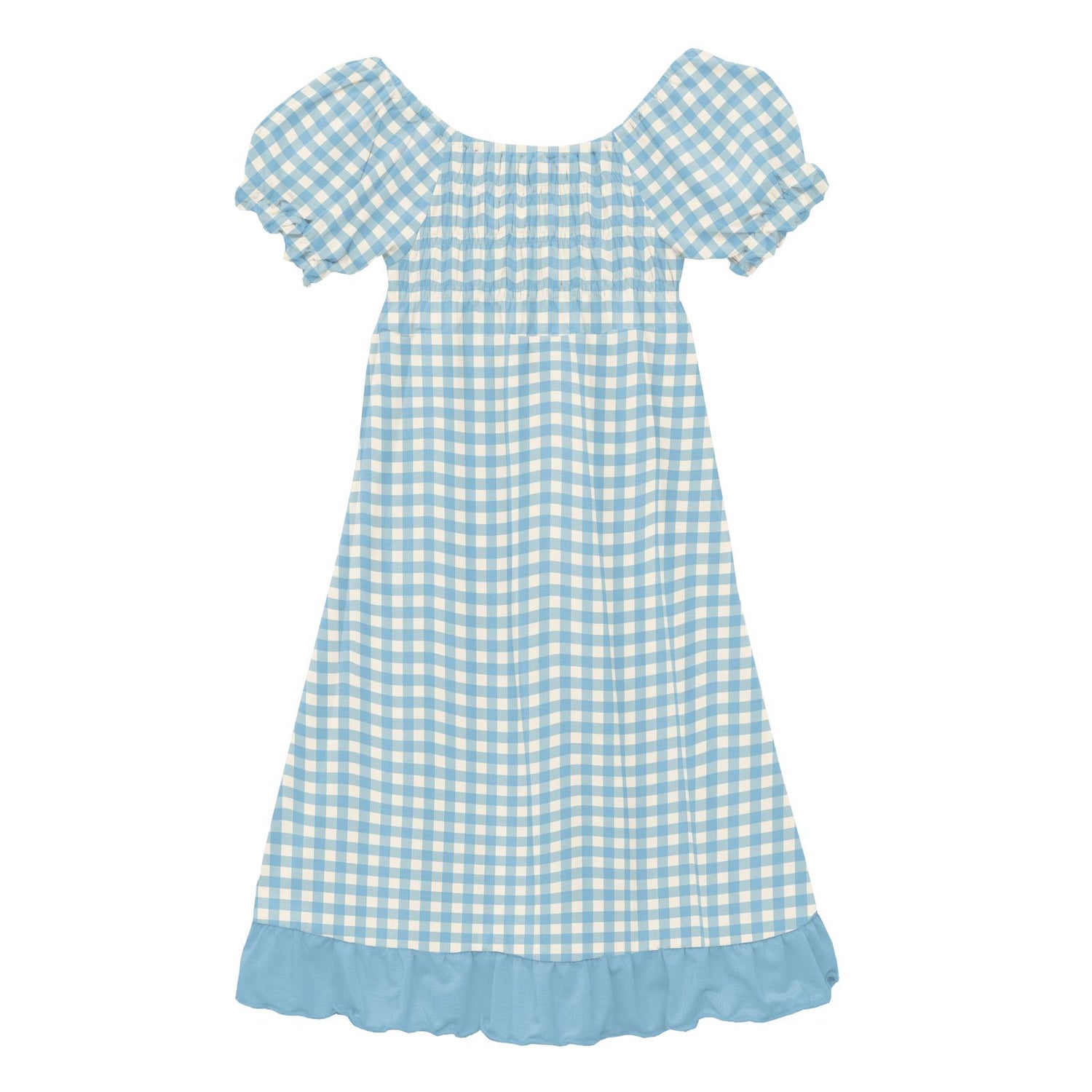 Print Short Sleeve Gathered Dress in Seaside Blue Gingham (312242)