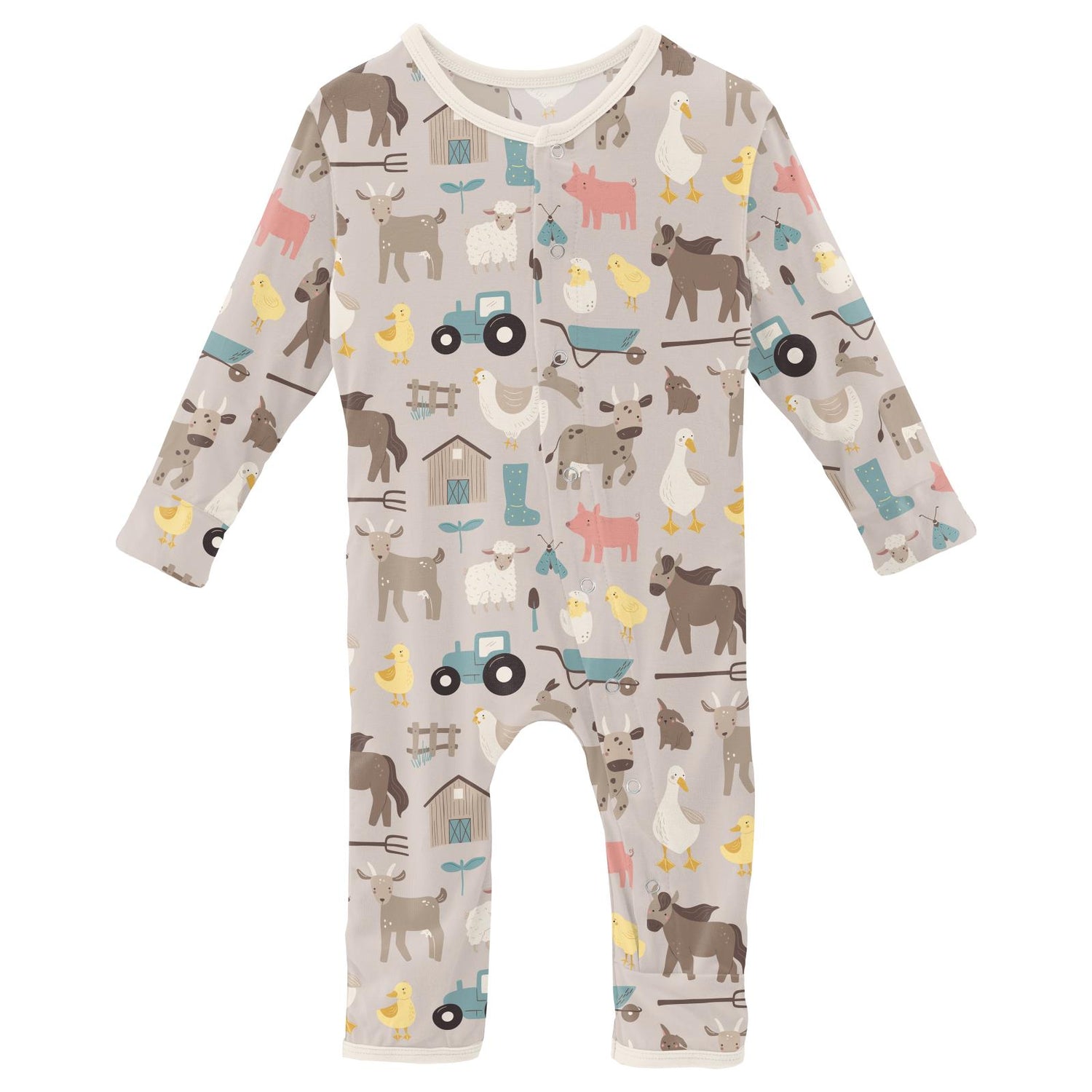 Print Coverall with Snaps in Latte Morning on the Farm (311447)
