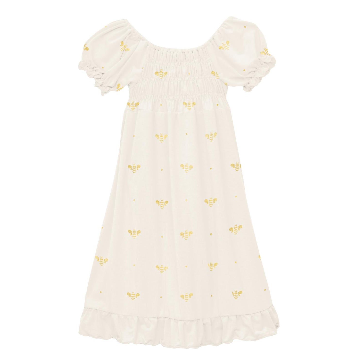 Print Short Sleeve Gathered Dress in Gold Bees (312107)