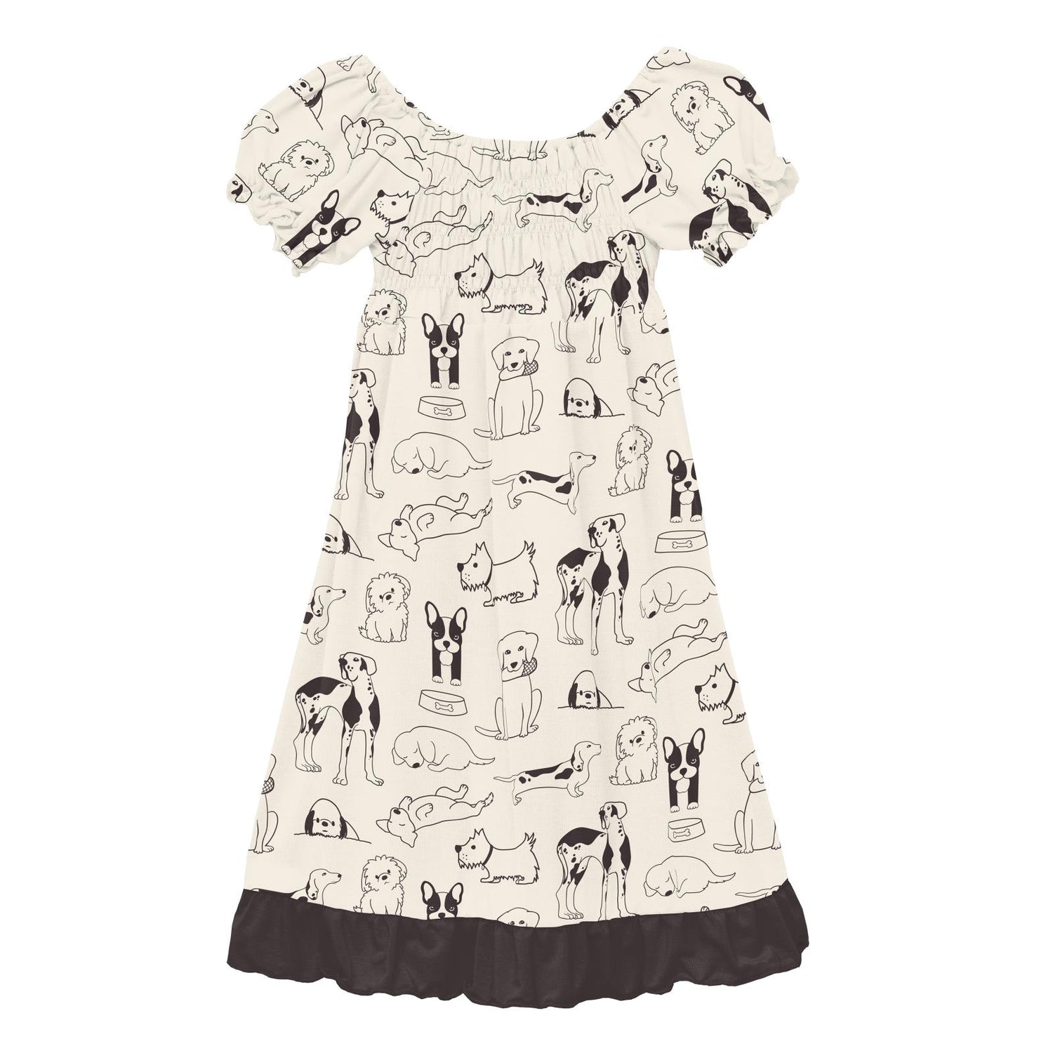 Print Short Sleeve Gathered Dress in Natural Dogs (312225)