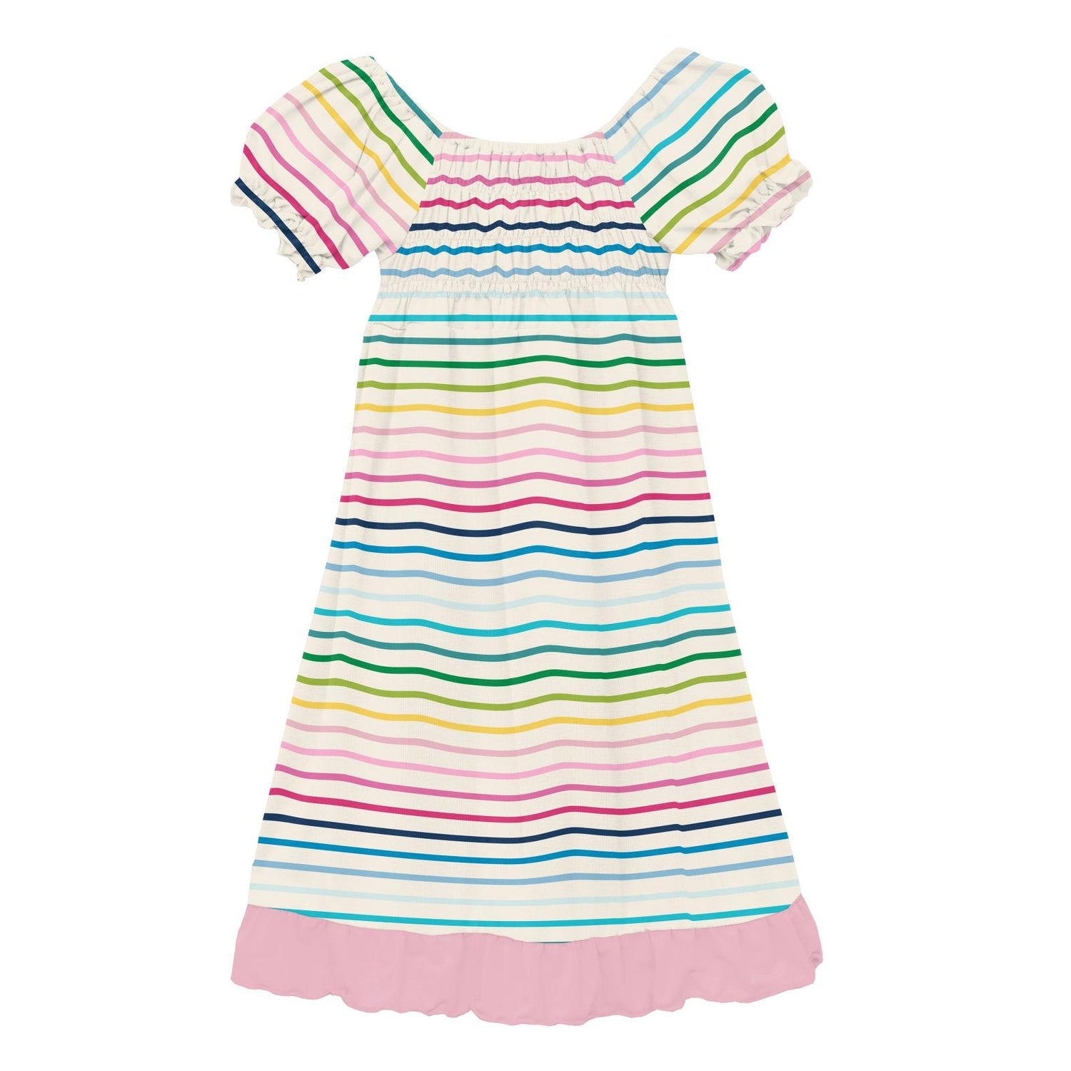 Print Short Sleeve Gathered Dress in Happy Stripe (312261)