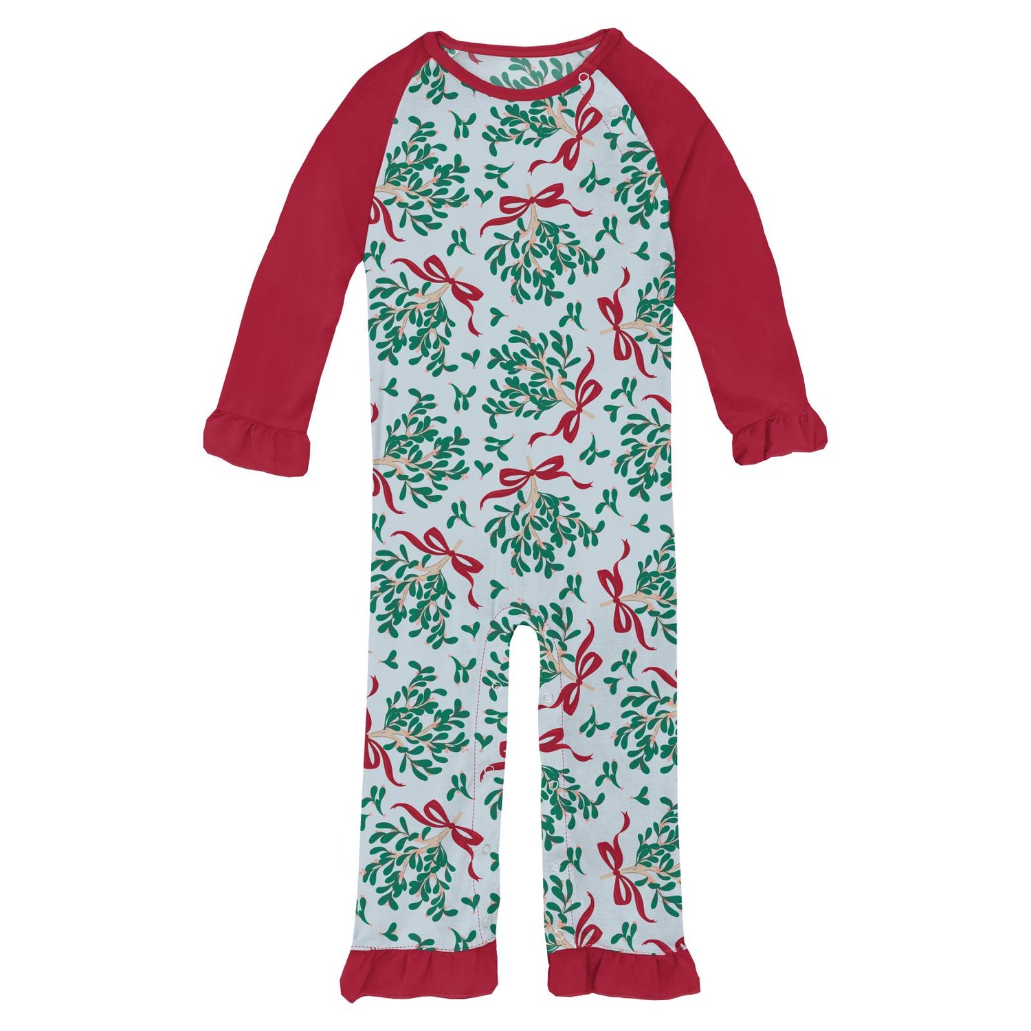 Print Long Sleeve Ruffle Raglan Romper in Illusion Blue Mistletoe & Ribbons (300891)
