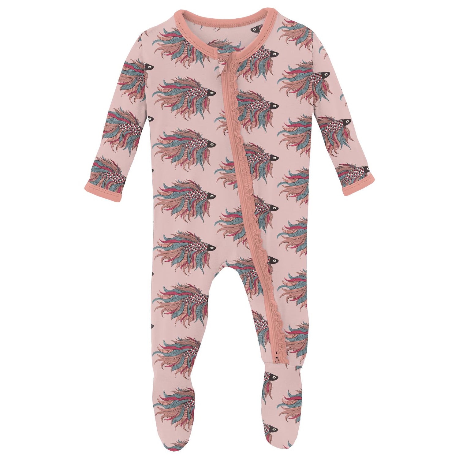 Print Muffin Ruffle Footie with 2 Way Zipper in Baby Rose Rainbow Fish