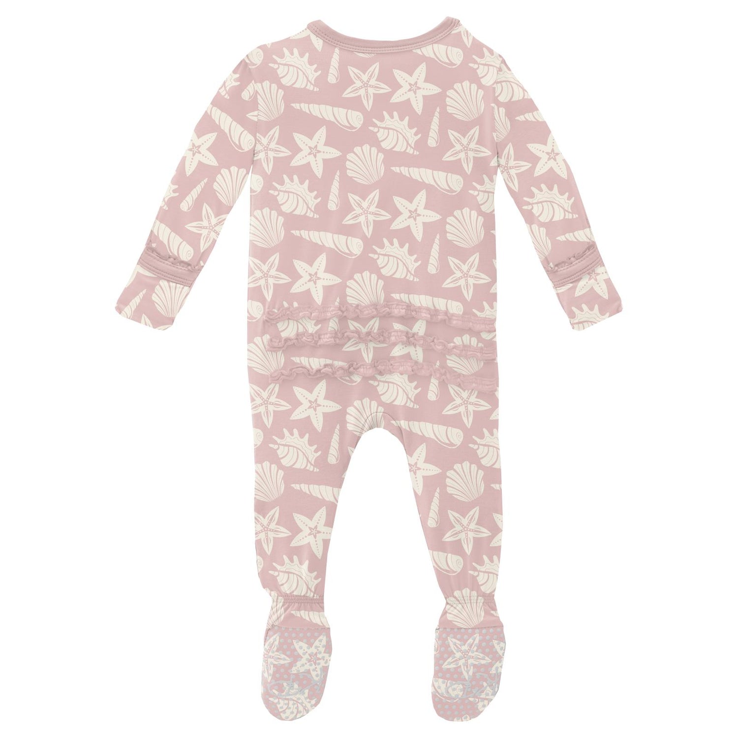 Print Muffin Ruffle Footie with 2 Way Zipper in Baby Rose Shells & Starfish
