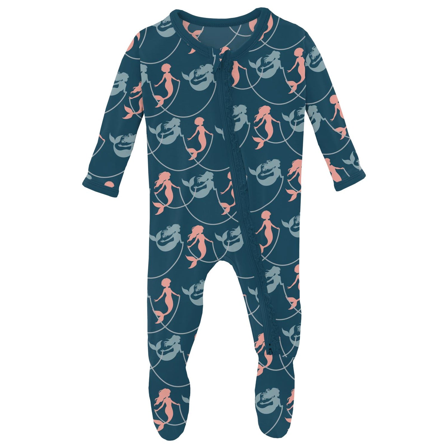 Print Muffin Ruffle Footie with 2 Way Zipper in Peacock Mermaids & Pearls
