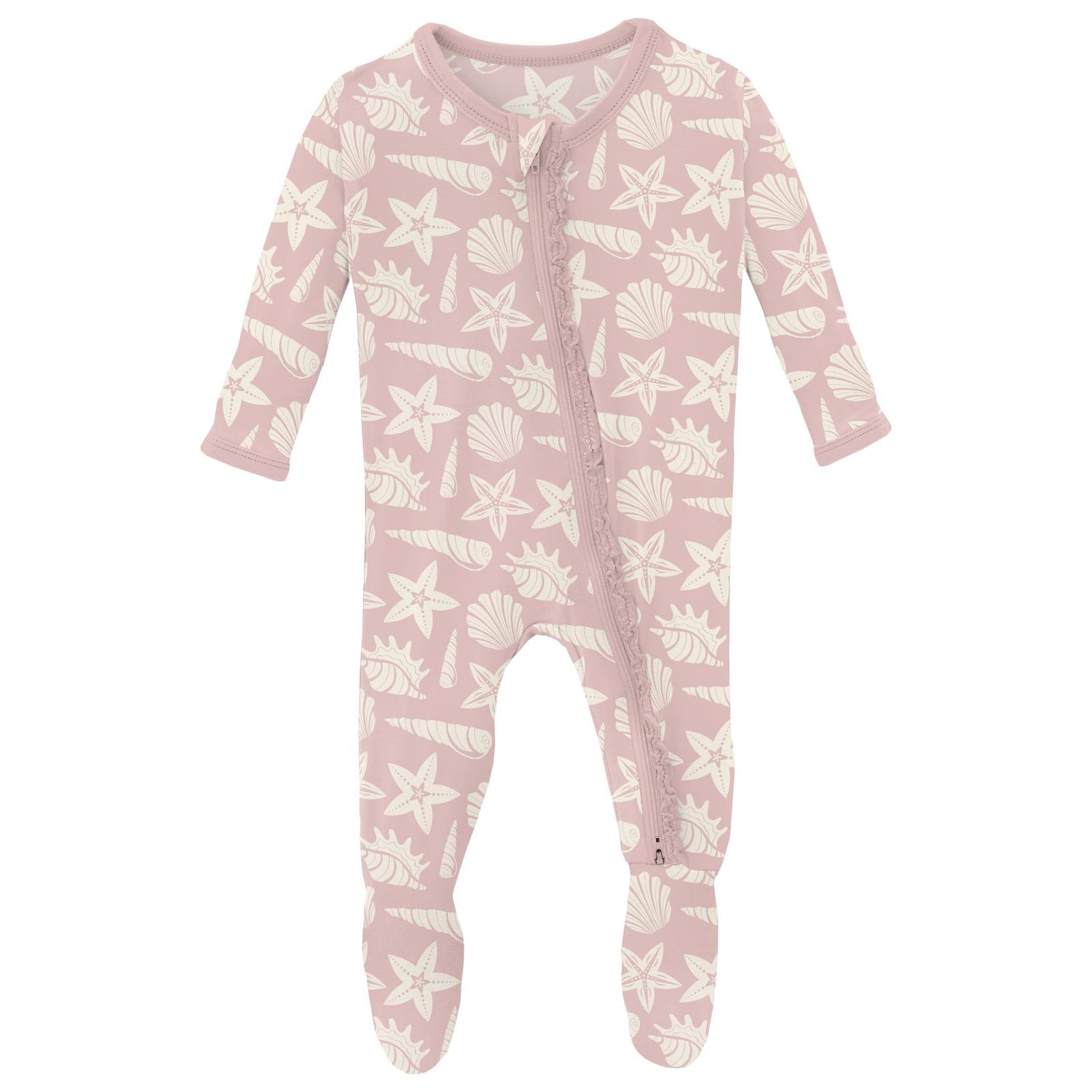 Print Muffin Ruffle Footie with 2 Way Zipper in Baby Rose Shells & Starfish