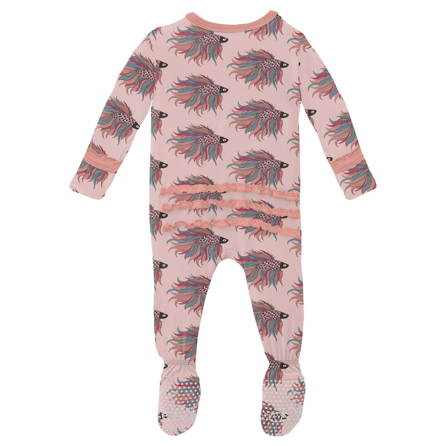 Print Muffin Ruffle Footie with 2 Way Zipper in Baby Rose Rainbow Fish