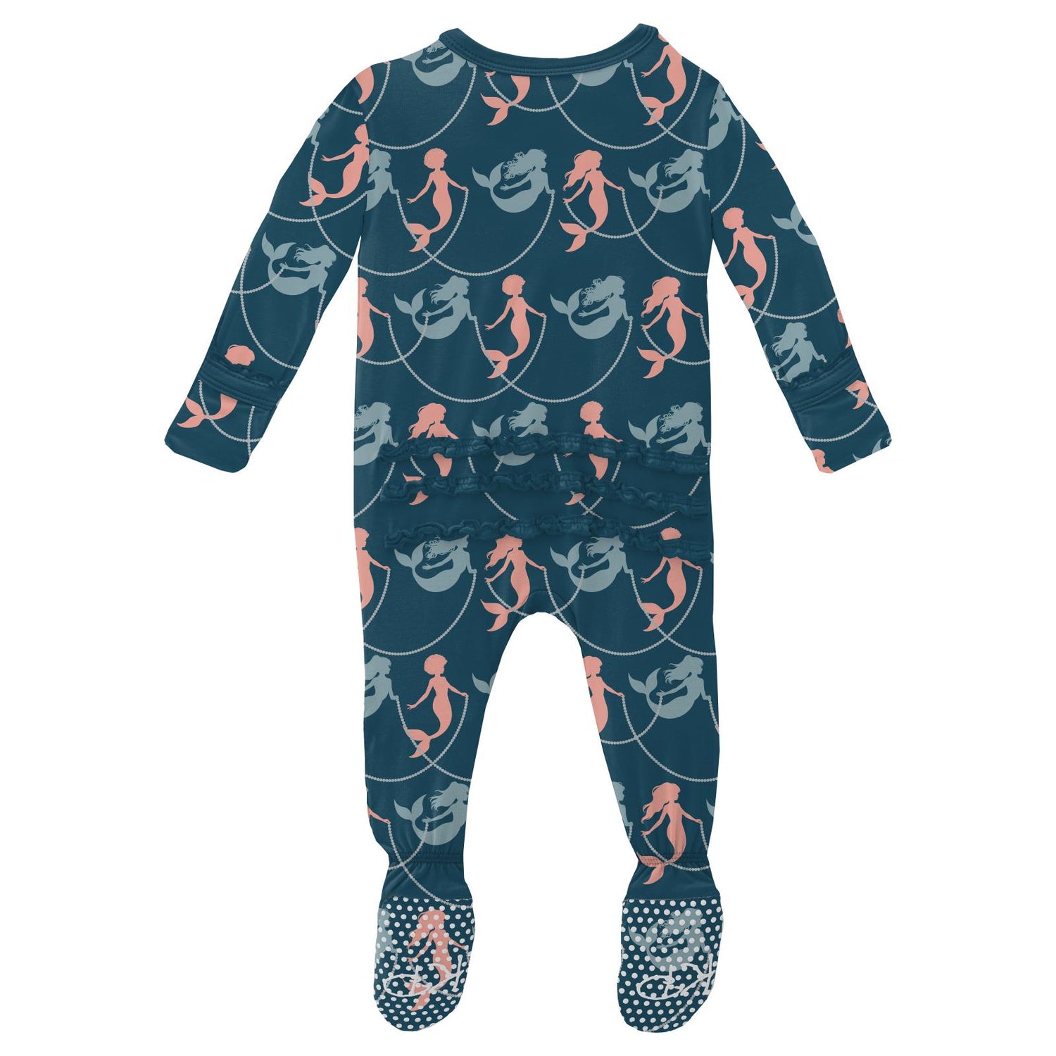 Print Muffin Ruffle Footie with 2 Way Zipper in Peacock Mermaids & Pearls