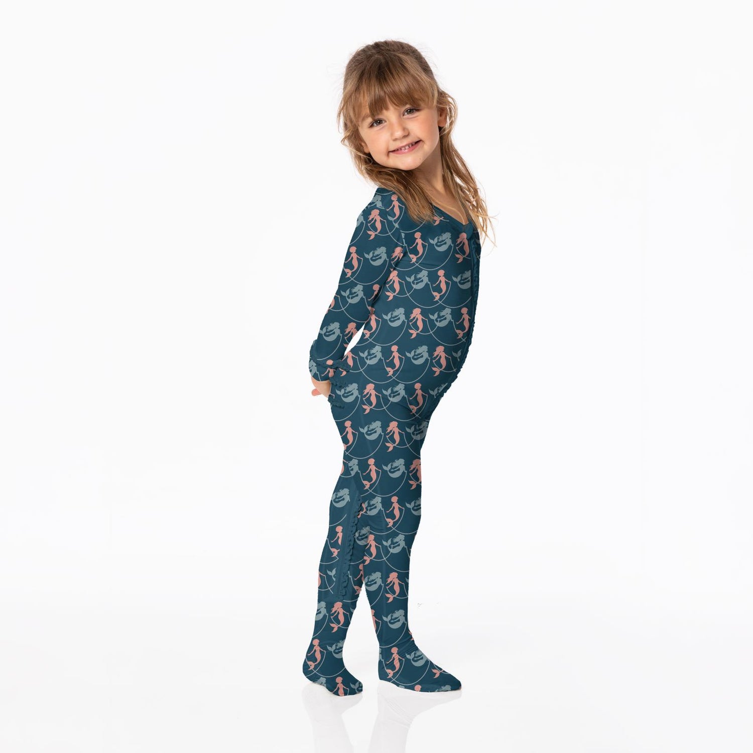 Print Muffin Ruffle Footie with 2 Way Zipper in Peacock Mermaids & Pearls