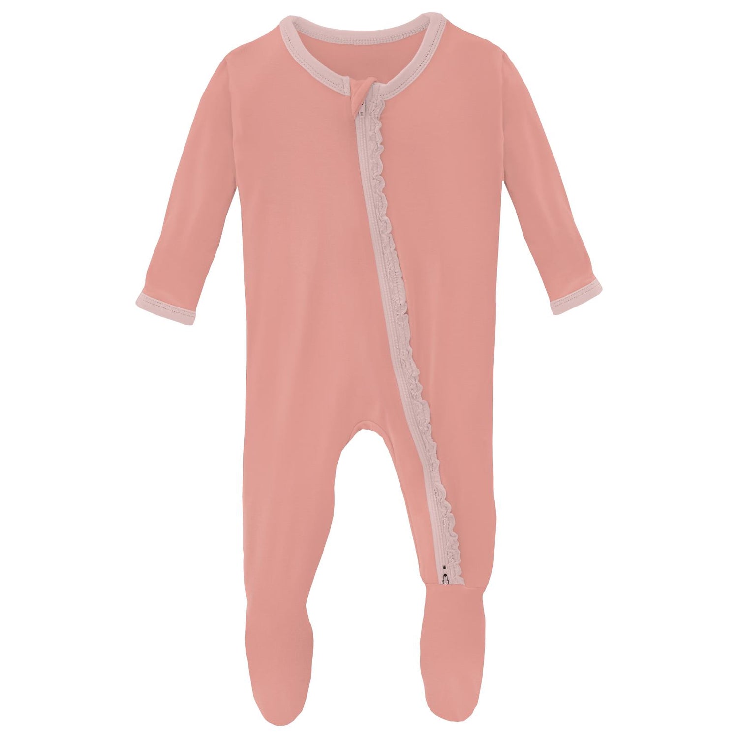 Muffin Ruffle Footie with 2 Way Zipper in Blush with Baby Rose