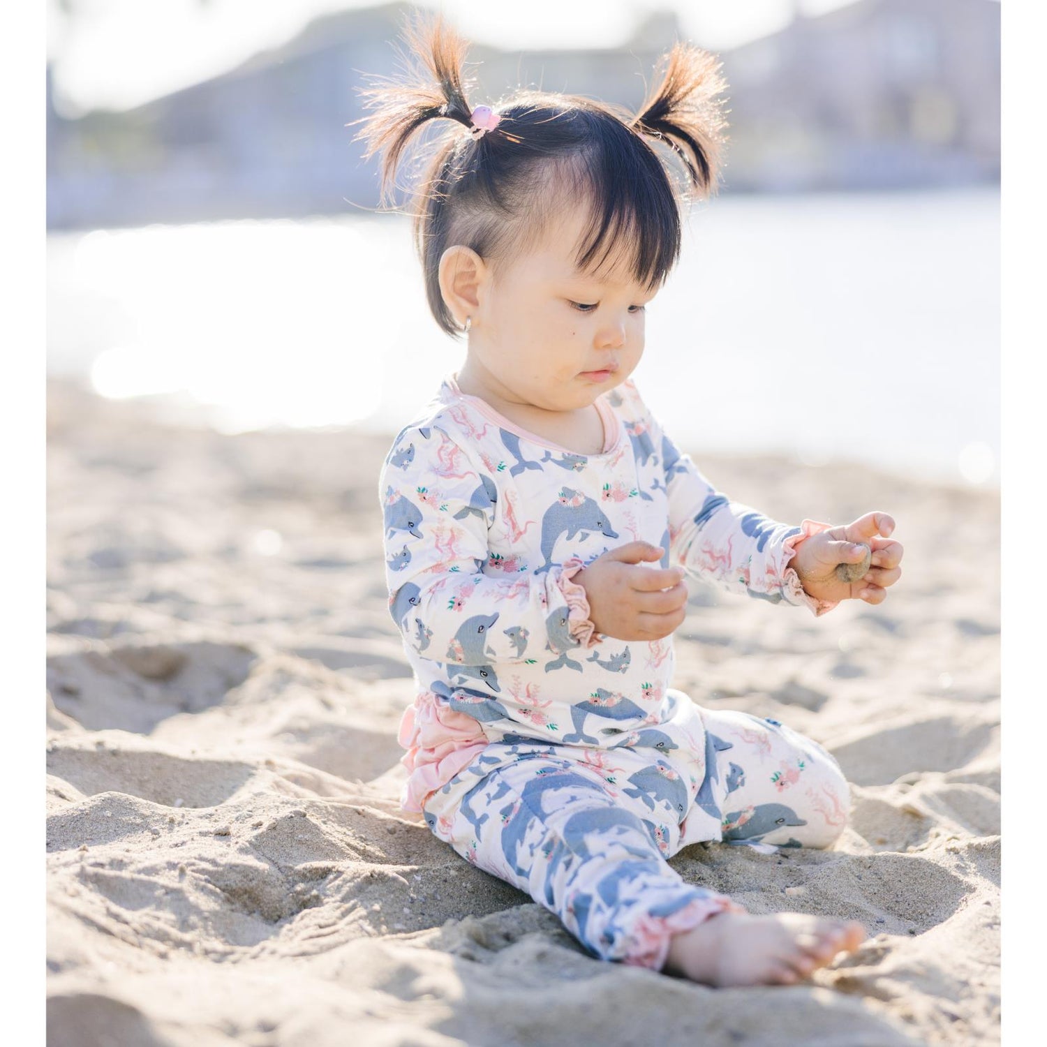 Print Oh La La Ruffle Romper in Natural Dolphins
