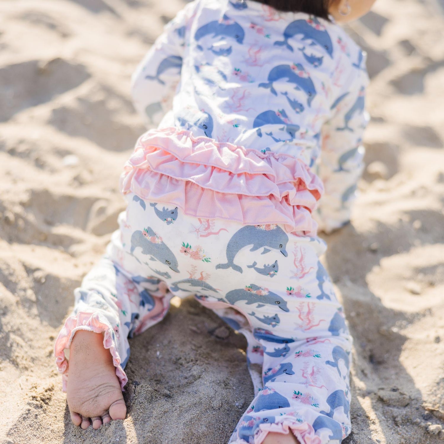 Print Oh La La Ruffle Romper in Natural Dolphins