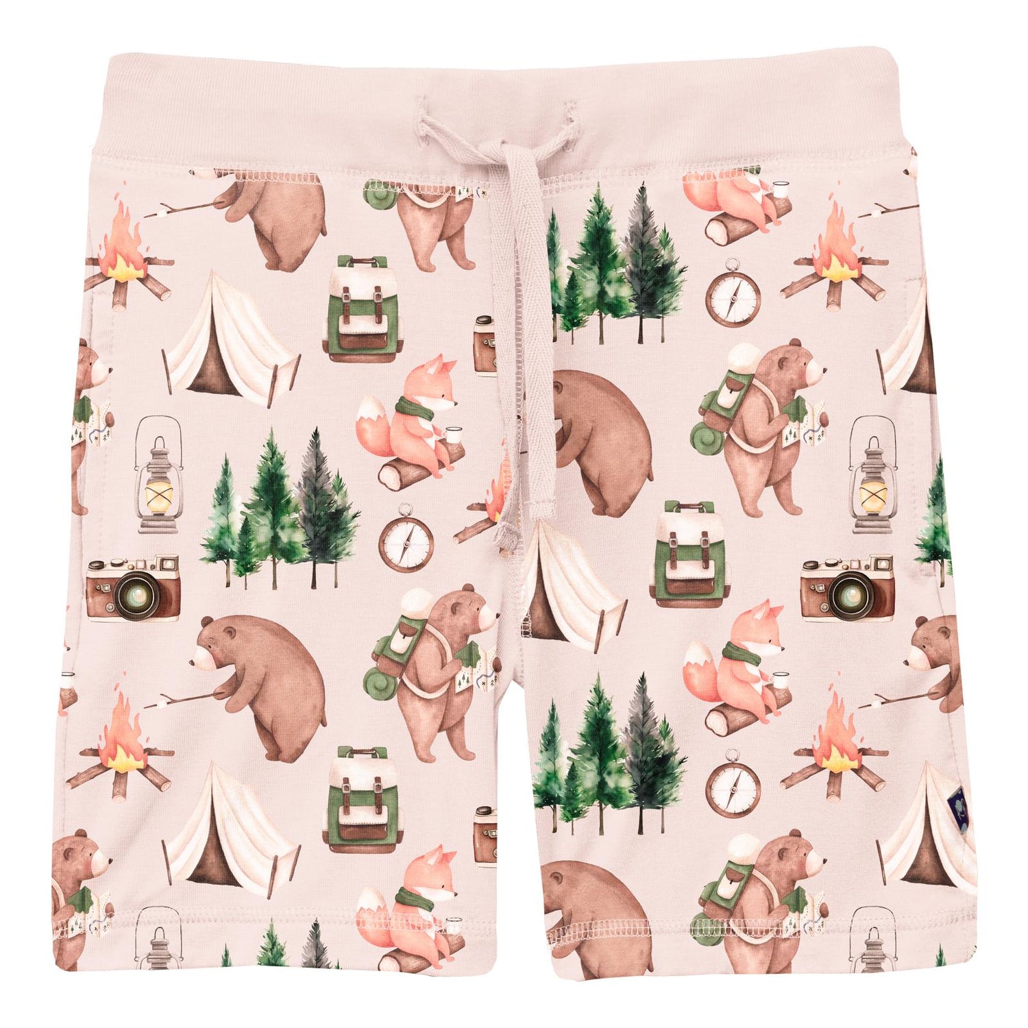 Print Lightweight Drawstring Shorts in Latte Camping Animals (318432)