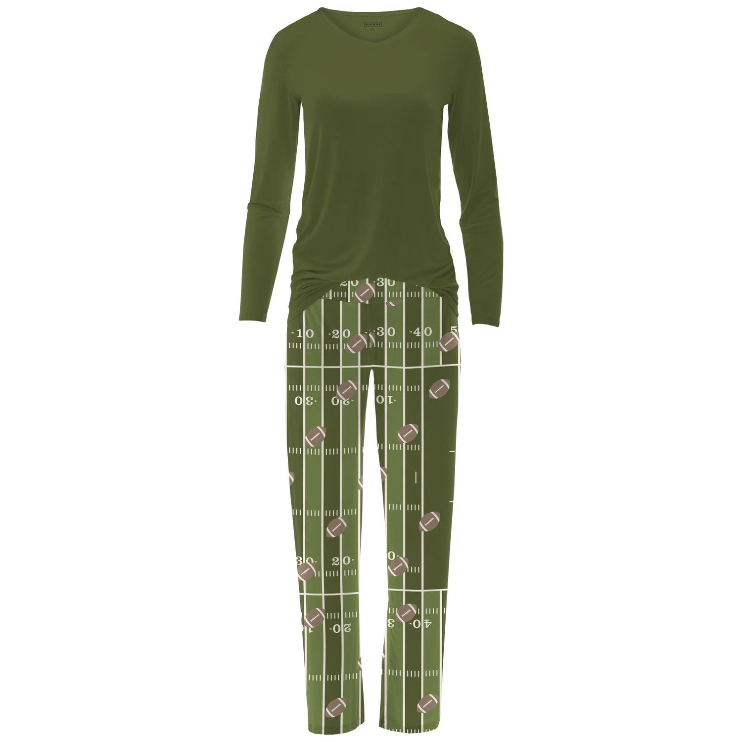 Women's Print Long Sleeve V-Neck Pajamas in Pesto Football (334638)
