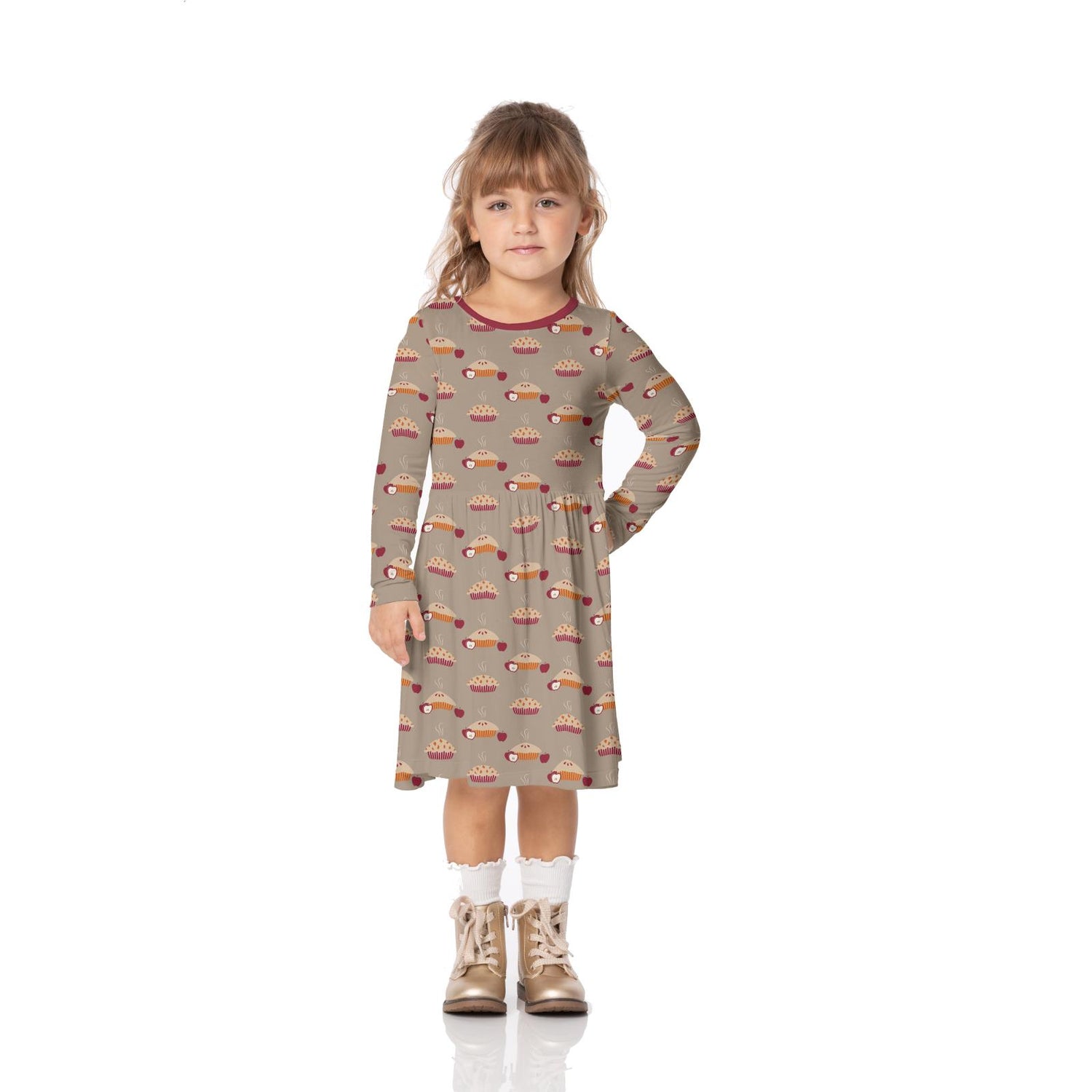 Print Long Sleeve Twirl Dress with Pockets in Fall Pies
