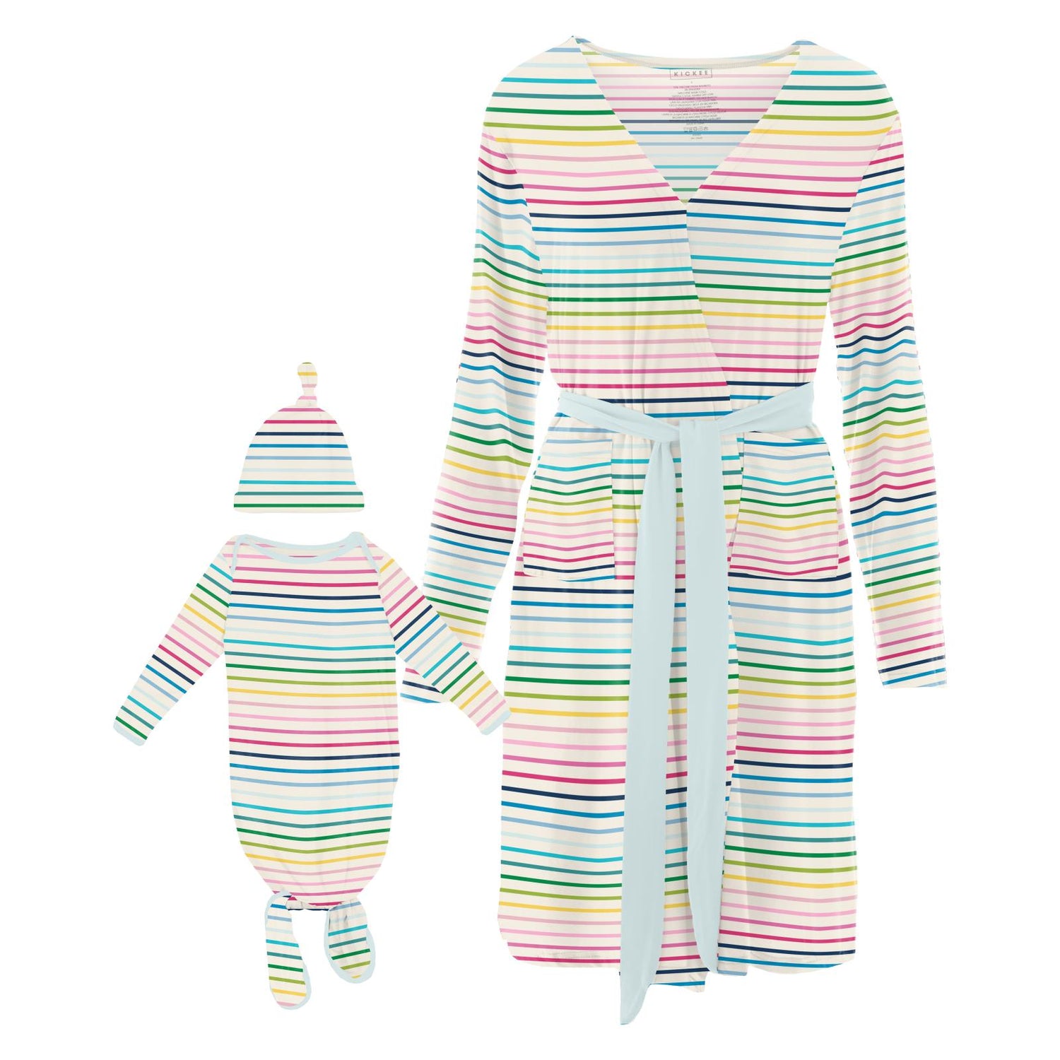 Women's Print Mid-Length Lounge Robe & Knotted Layette Gown Set in Happy Stripe