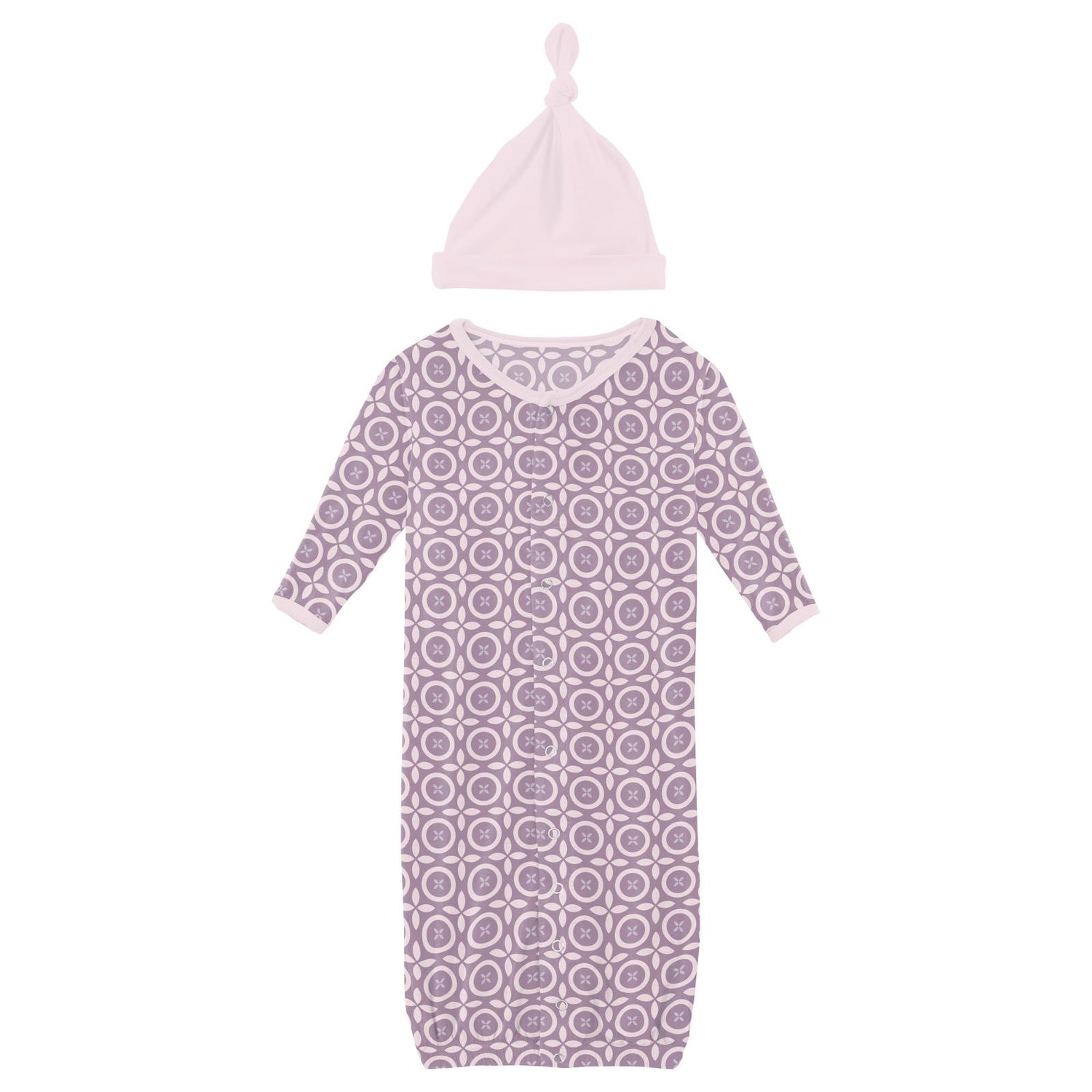 Print Layette Gown Converter & Single Knot Hat Set in Lavender Flower Lattice (336685)