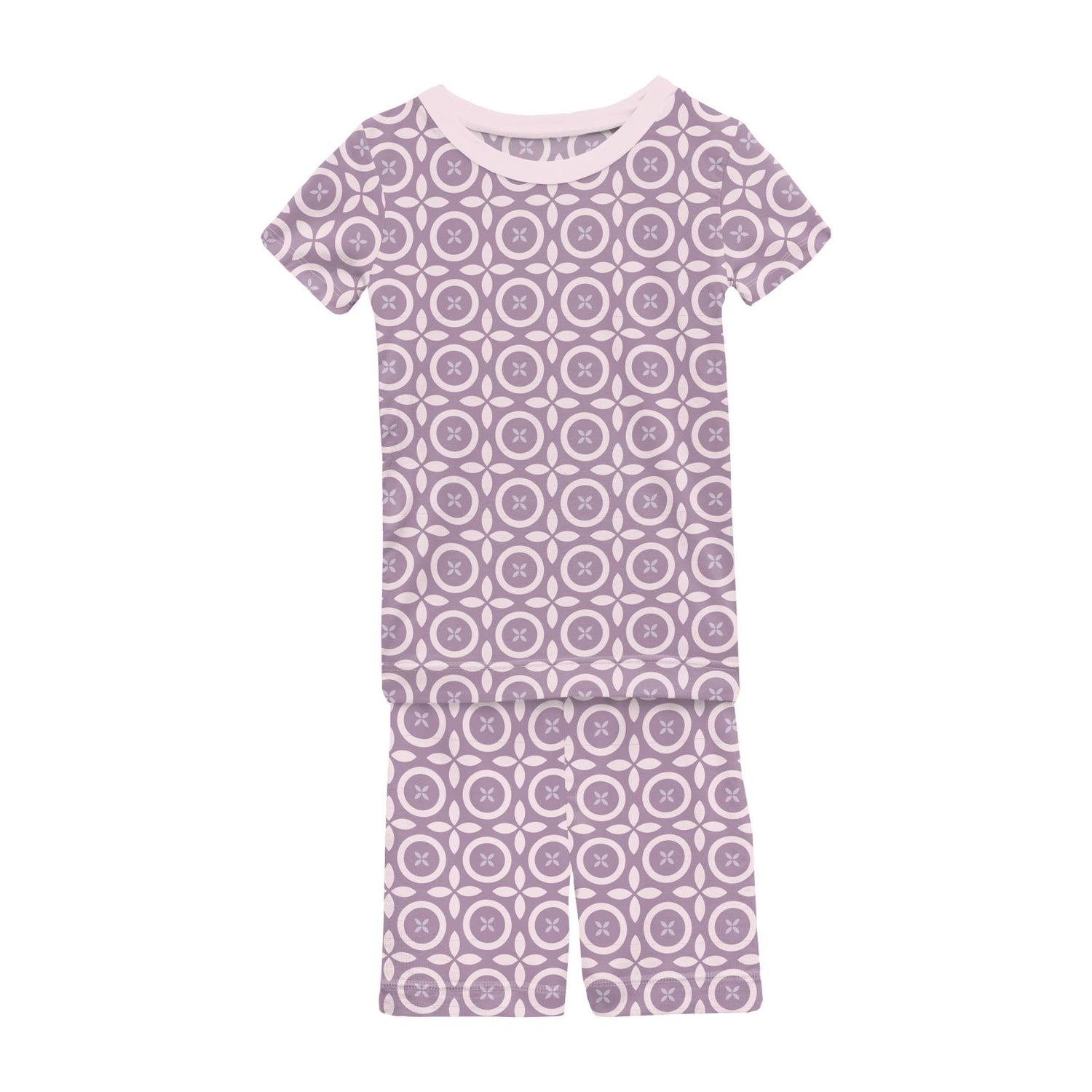 Print Short Sleeve Pajama Set with Shorts in Lavender Flower Lattice (336937)