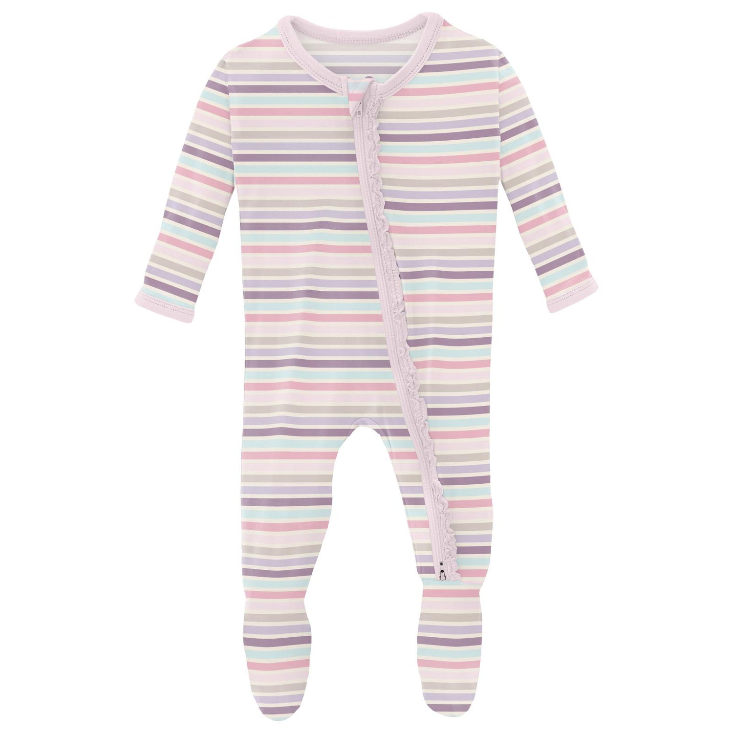 Print Muffin Ruffle Footie with 2 Way Zipper in Ice Cream Stripe