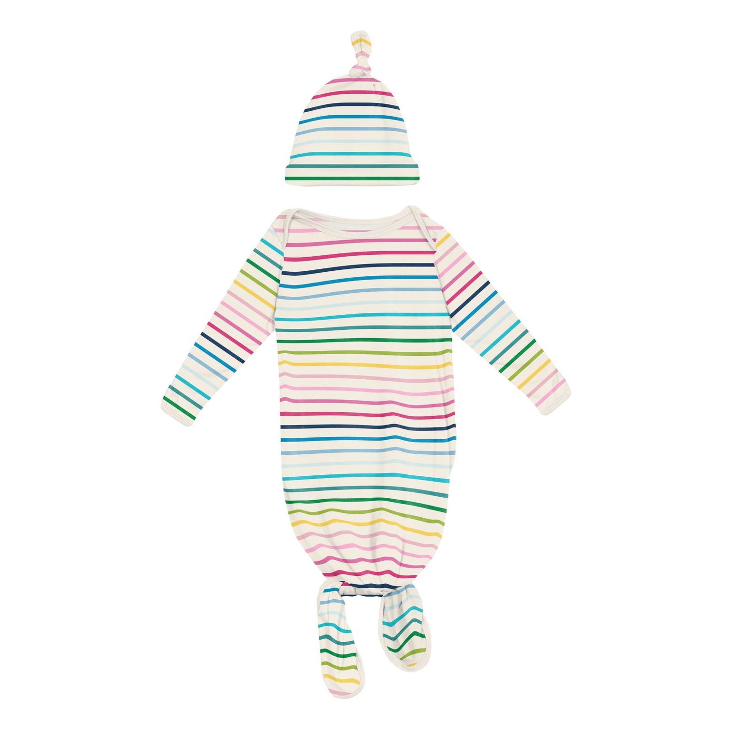 Print Knotted Layette Gown & Hat Set in Happy Stripe (Preemie-Newborn)