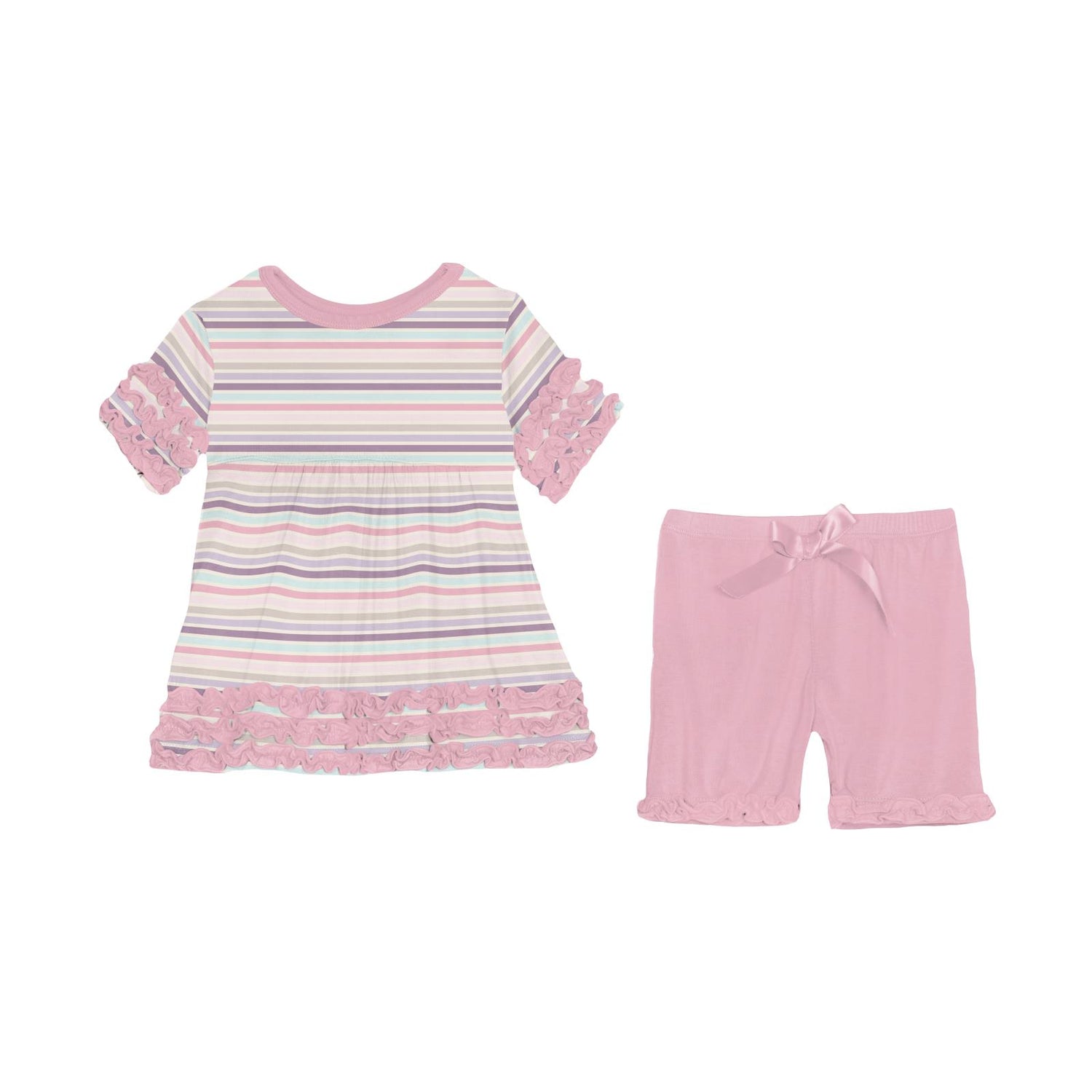 Print Short Sleeve Babydoll Outfit Set with Shorts in Ice Cream Stripe (337249)