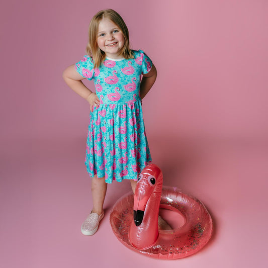 Print Flutter Sleeve Twirl Dress with Pockets in Pool Party (337289)