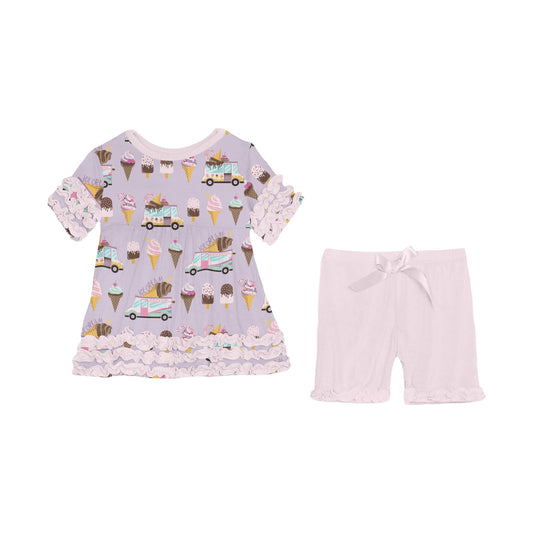 Print Short Sleeve Babydoll Outfit Set with Shorts in Thistle Ice Cream Truck (337328)