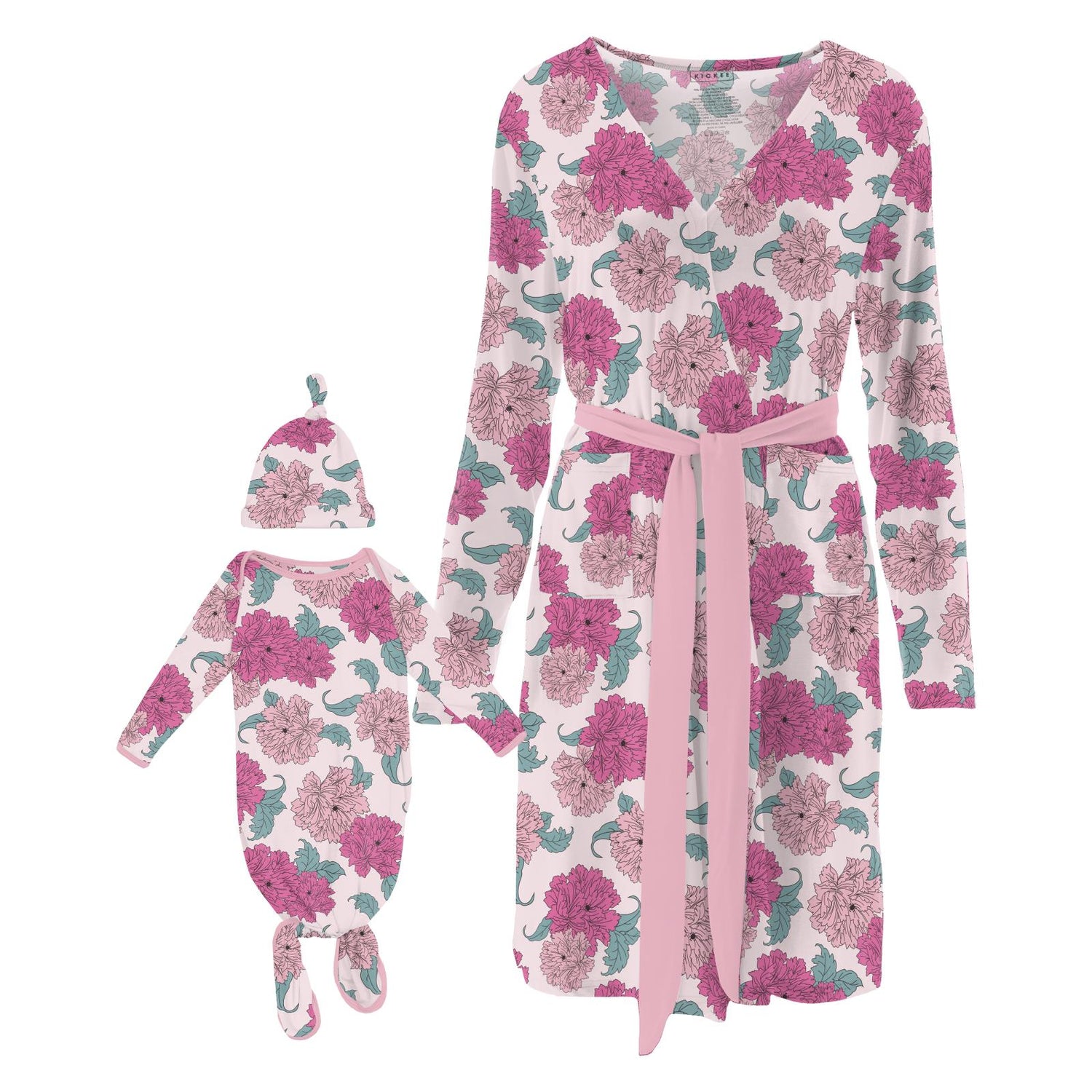 Women's Print Mid-Length Lounge Robe & Knotted Layette Gown Set in Shrinking Violet Peonies (337476)