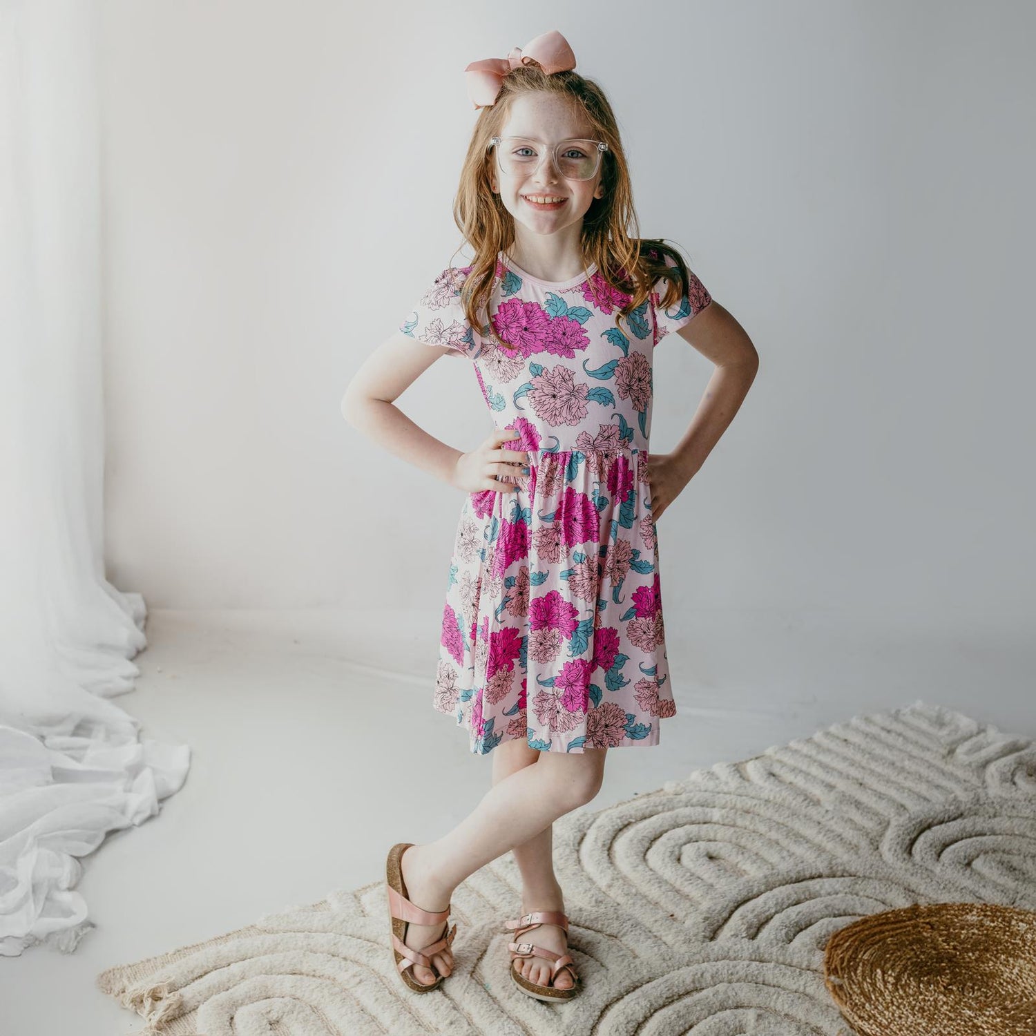 Print Flutter Sleeve Twirl Dress with Pockets in Shrinking Violet Peonies (337876)