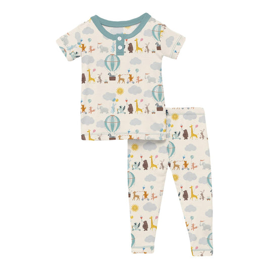 Print Short Sleeve Henley Pajama Set in Natural Animal Parade (338083)