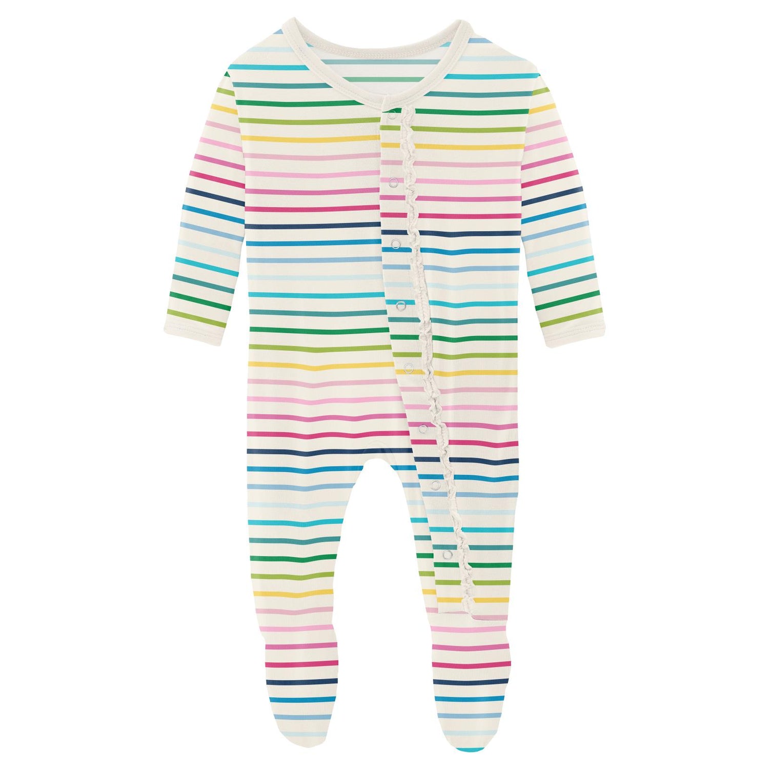 Print Muffin Ruffle Footie with Snaps in Happy Stripe (338316)