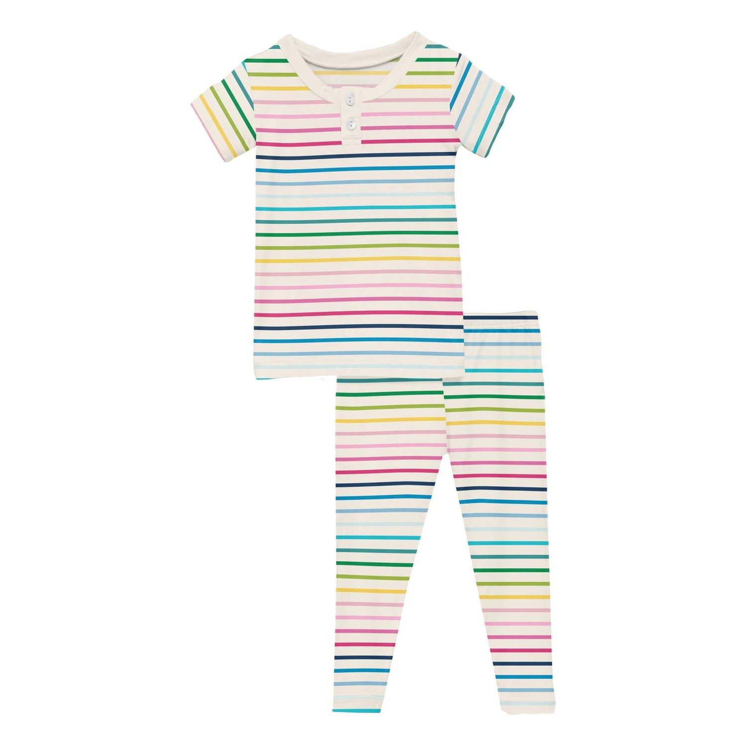 Print Short Sleeve Henley Pajama Set in Happy Stripe (338367)